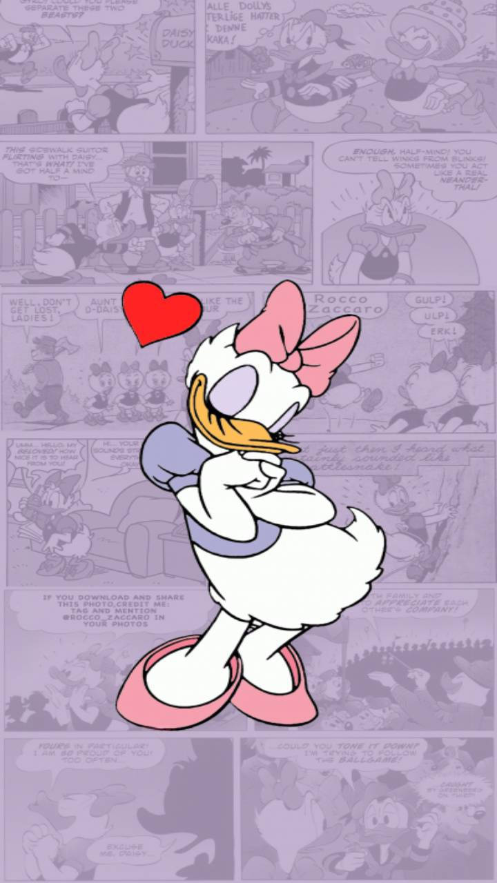 Daisy Duck, red heart, purple comic strip background, HD Phone Wallpaper