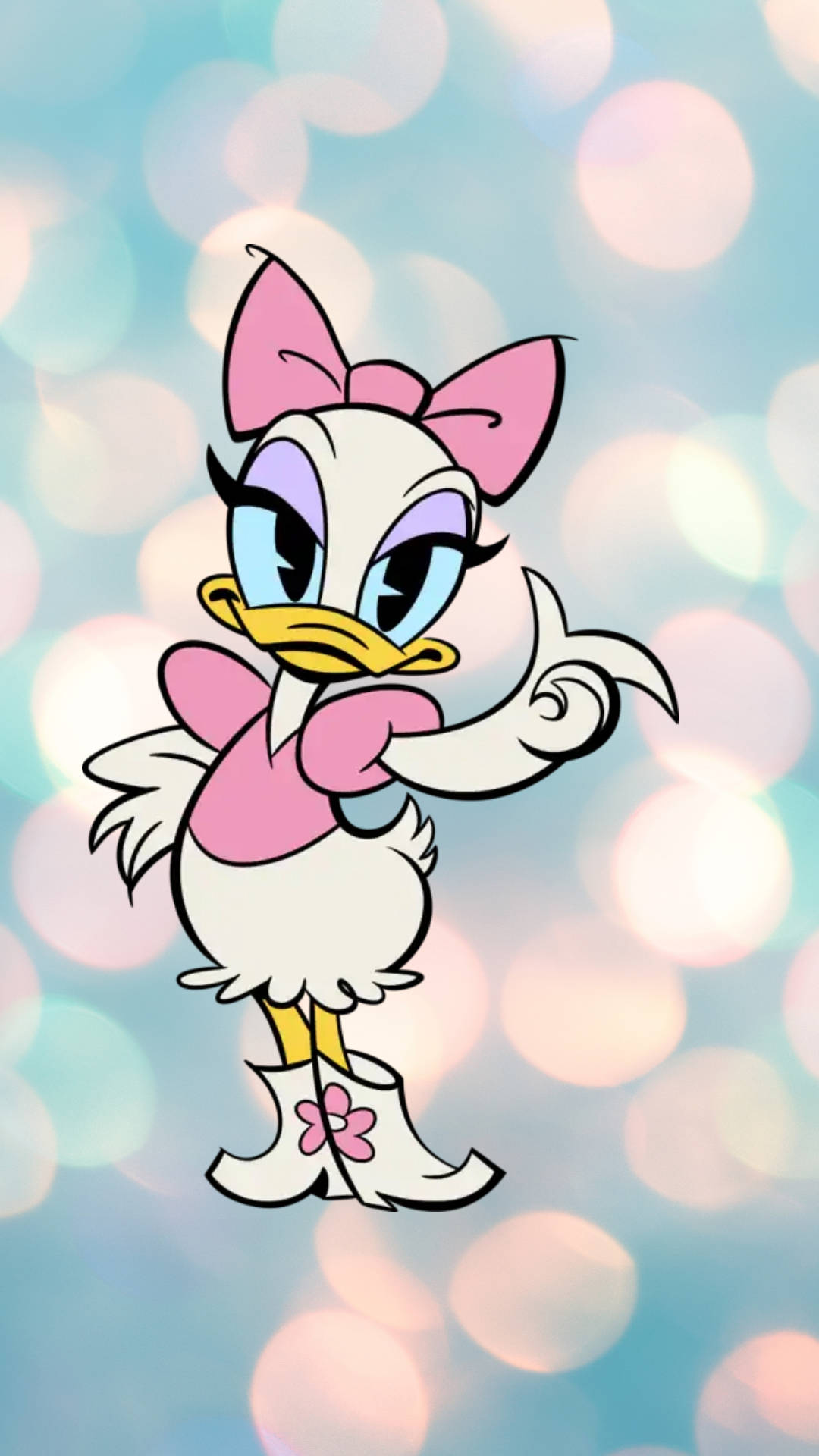 Daisy Duck, pink bow, bokeh background, Full HD Phone Wallpaper
