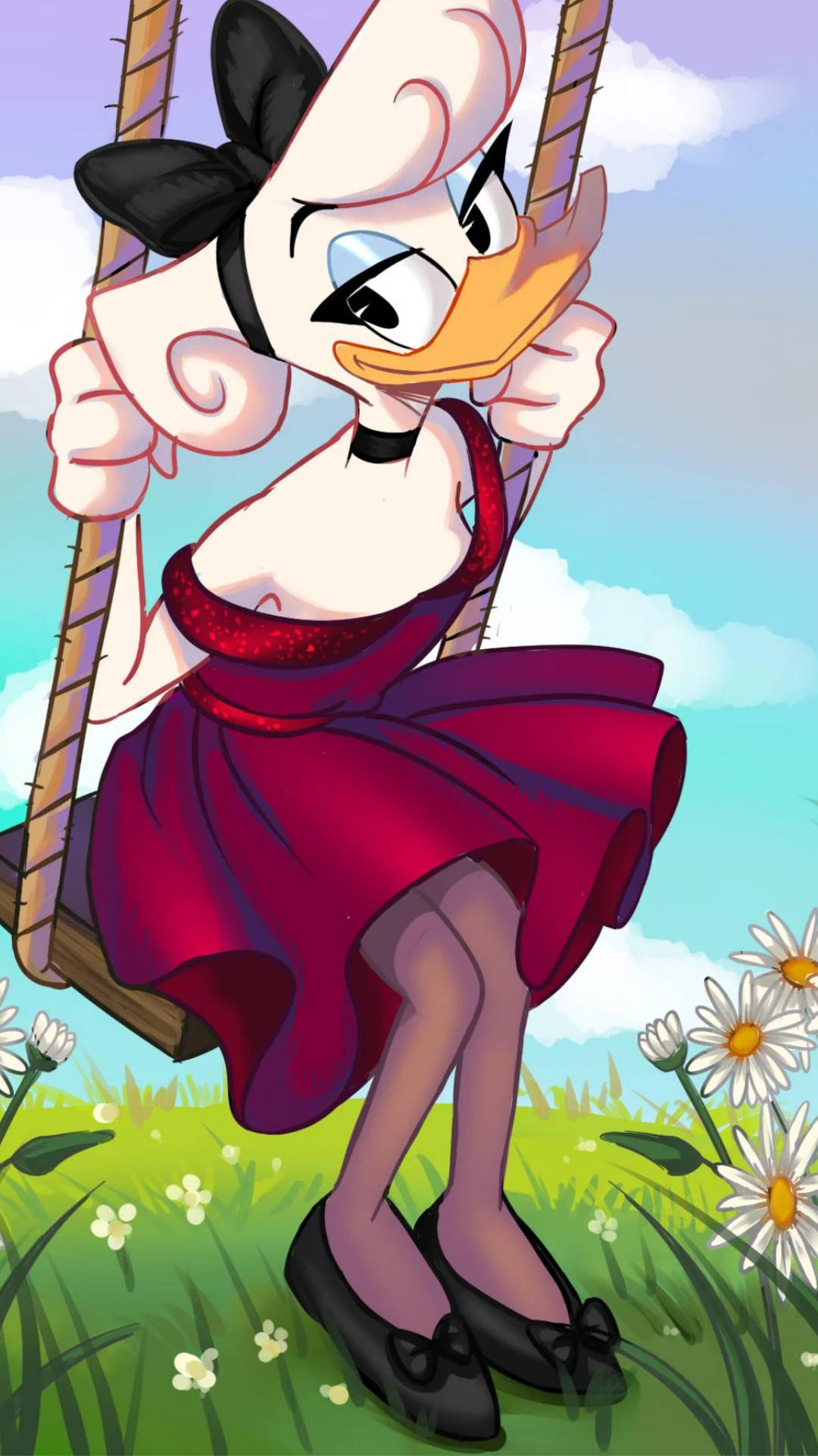 Daisy Duck, red dress, wooden swing, Full HD Phone Wallpaper