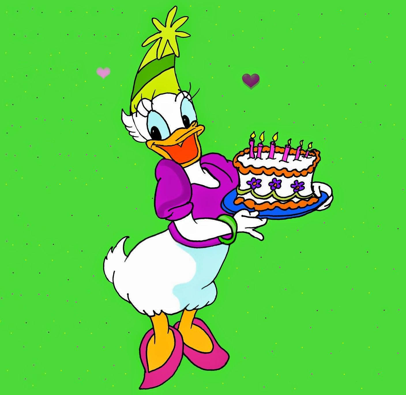 Daisy Duck, party hat, birthday cake, HD Desktop Wallpaper
