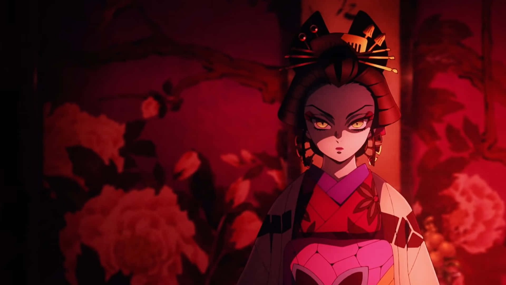 Daki Demon Slayer, red kimono, dark red floral backdrop, Full HD Desktop Wallpaper