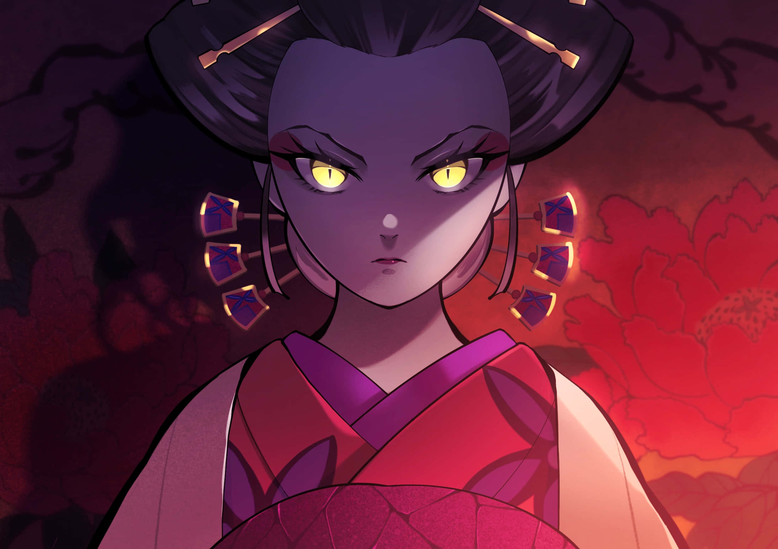 Daki, Demon Slayer, glowing yellow eyes, Full HD Desktop Wallpaper