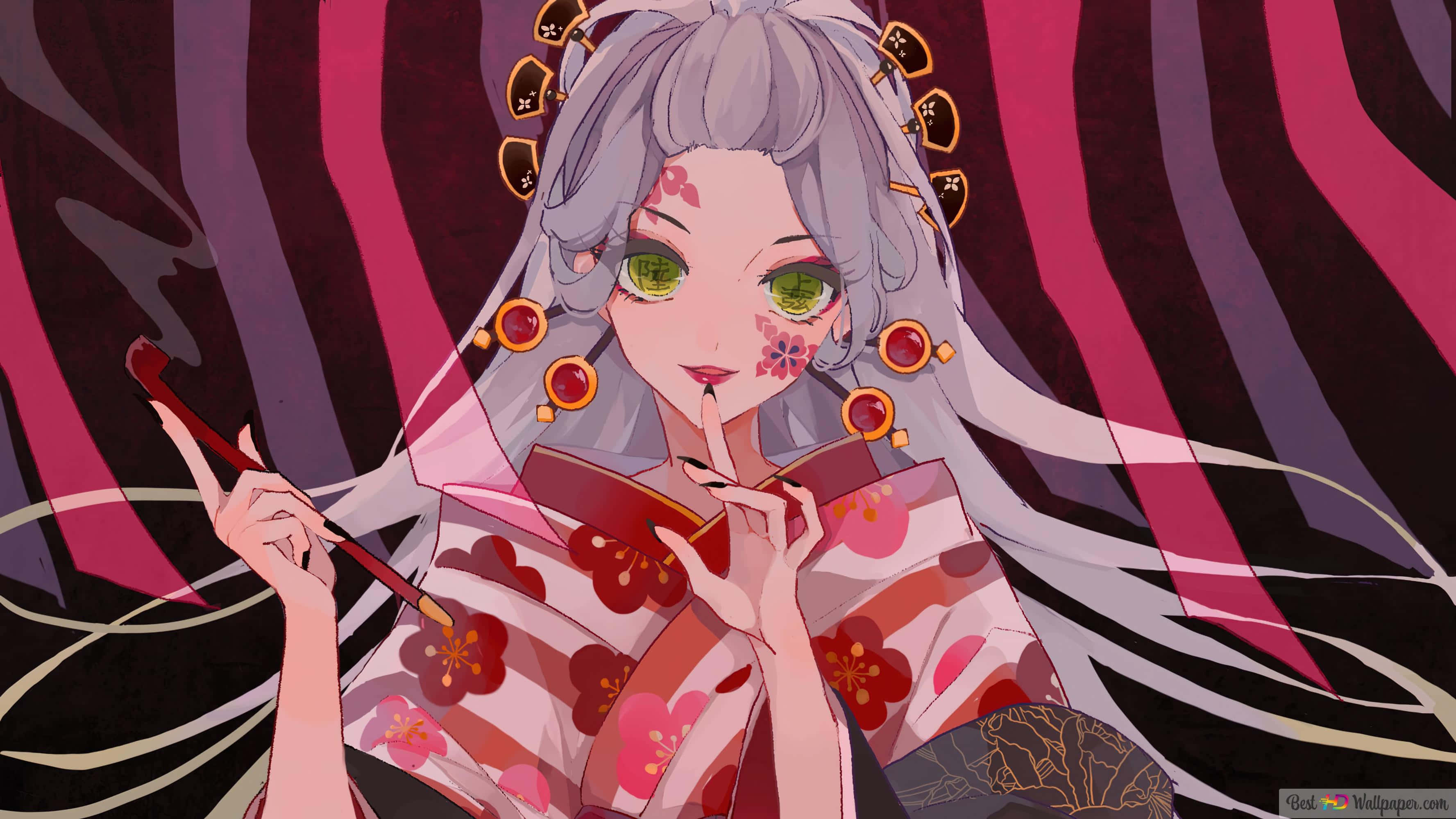 Daki, Demon Slayer, floral kimono, 2K Desktop Wallpaper