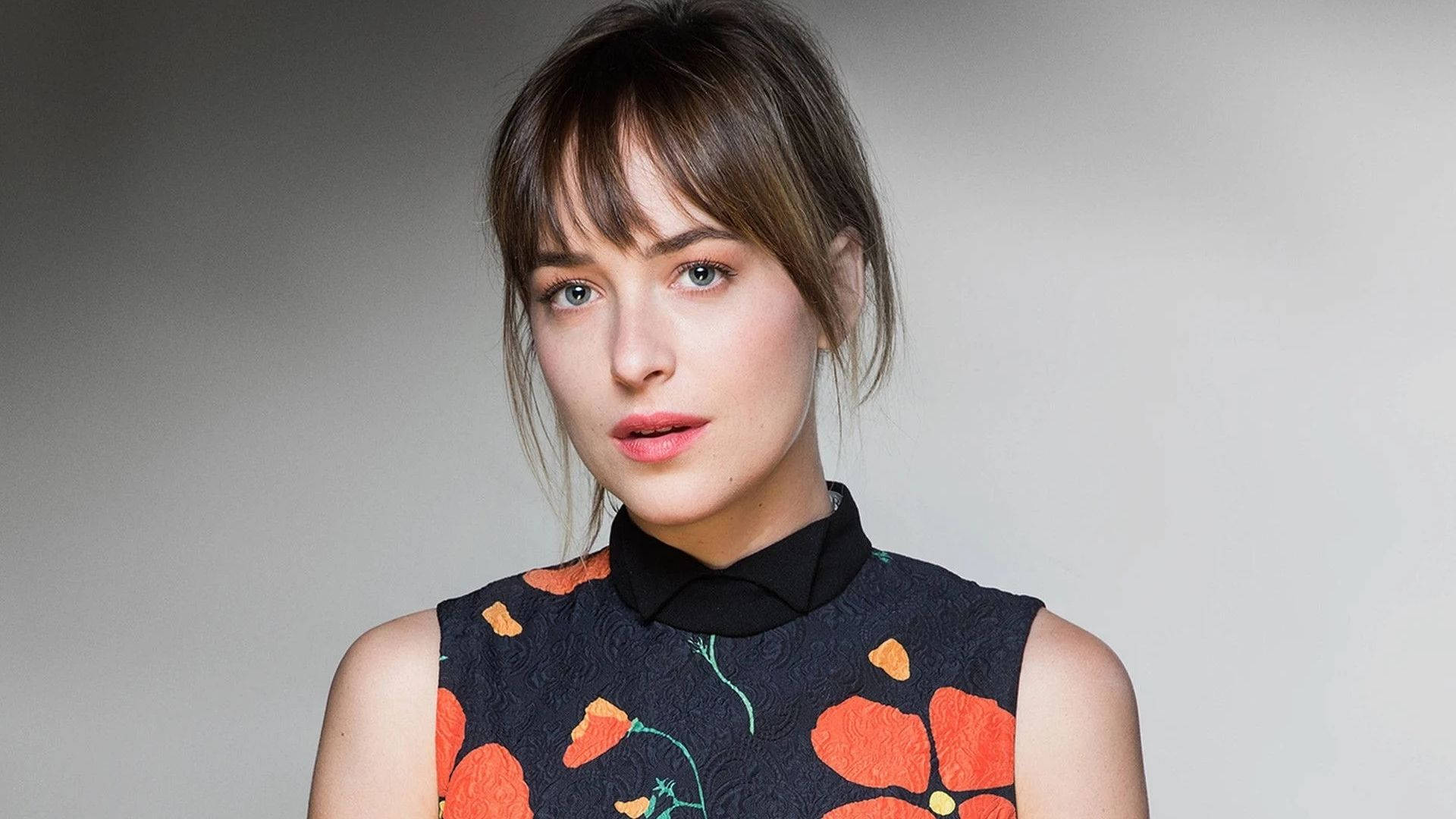 Dakota Johnson, black dress, orange floral patterns, Full HD Desktop Wallpaper