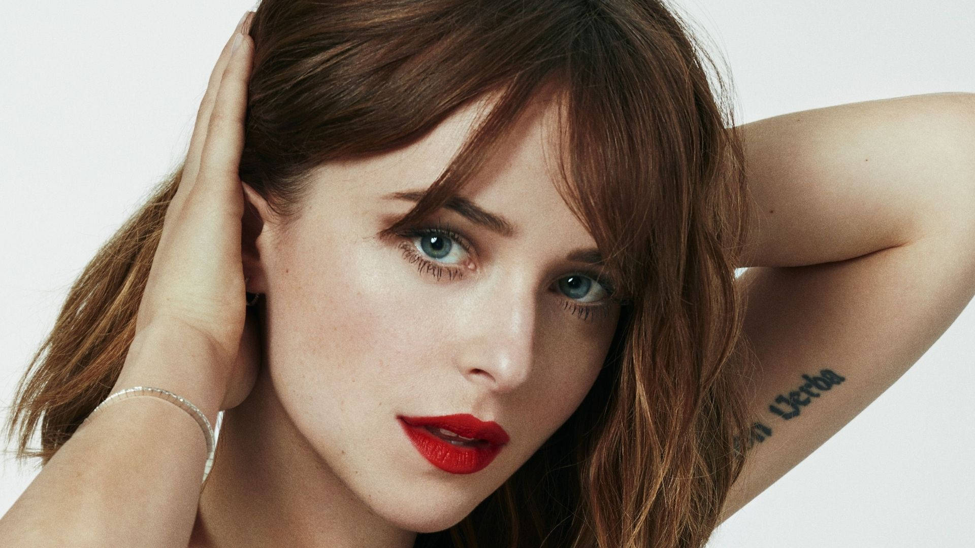 Dakota Johnson, red lips, blue eyes, Full HD Desktop Wallpaper