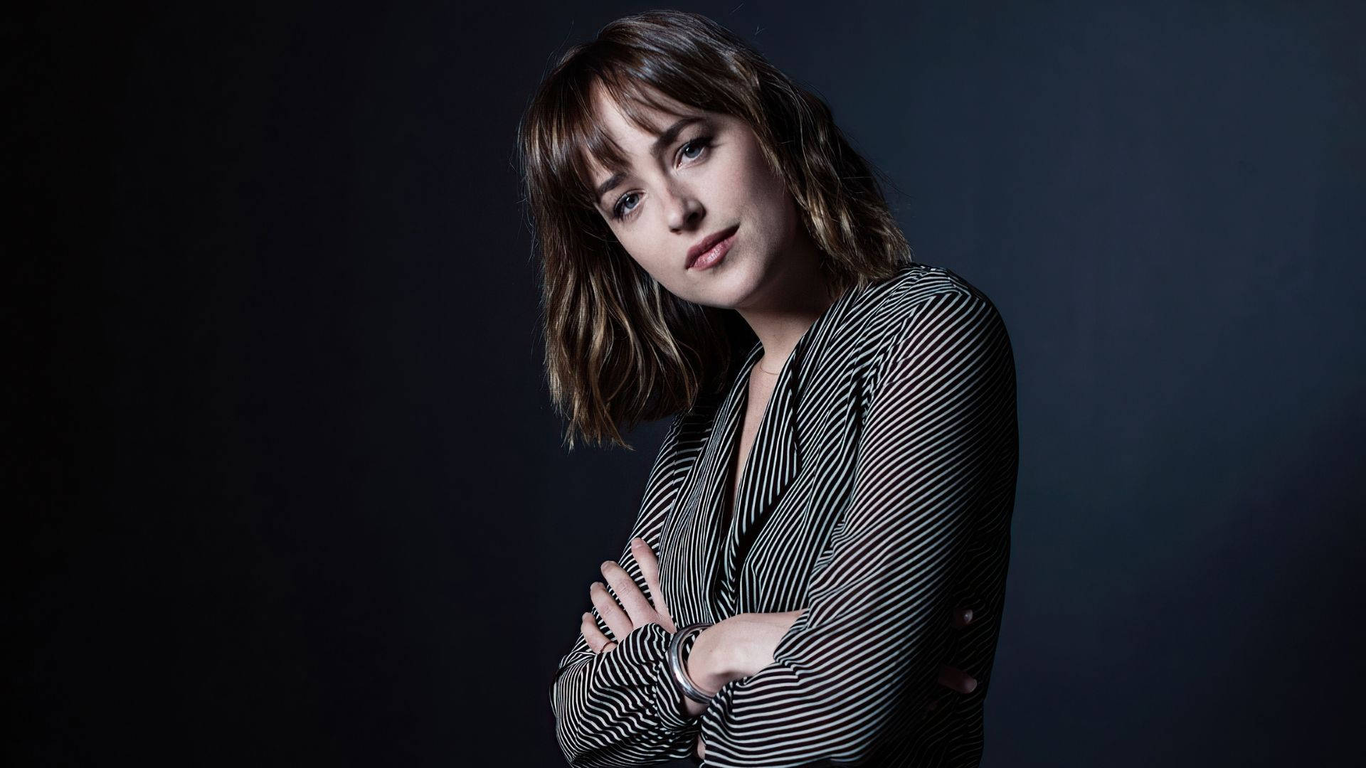 Dakota Johnson, black and white striped blazer, shoulder-length brown hair, Full HD Desktop Wallpaper