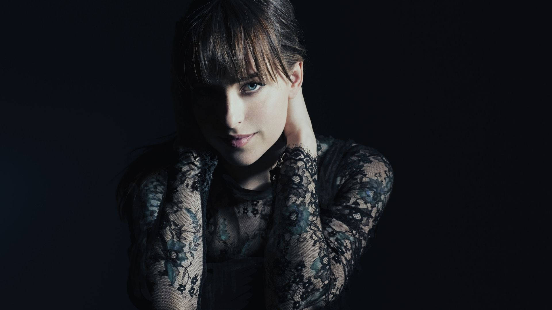 Dakota Johnson, black lace, dark background, Full HD Desktop Wallpaper