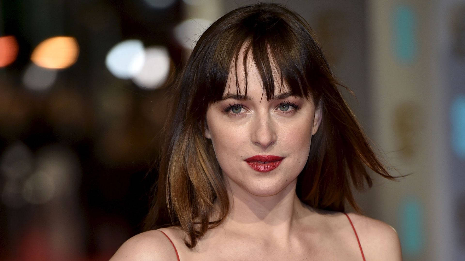 Dakota Johnson, brown hair, red lipstick, Full HD Desktop Wallpaper