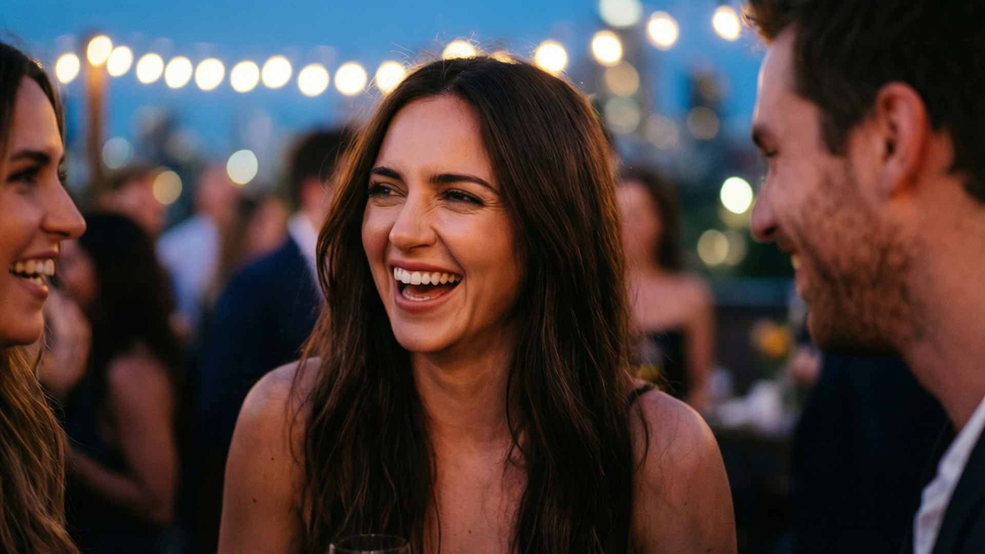 Dakota Johnson, rooftop, laughing, Full HD Desktop Wallpaper