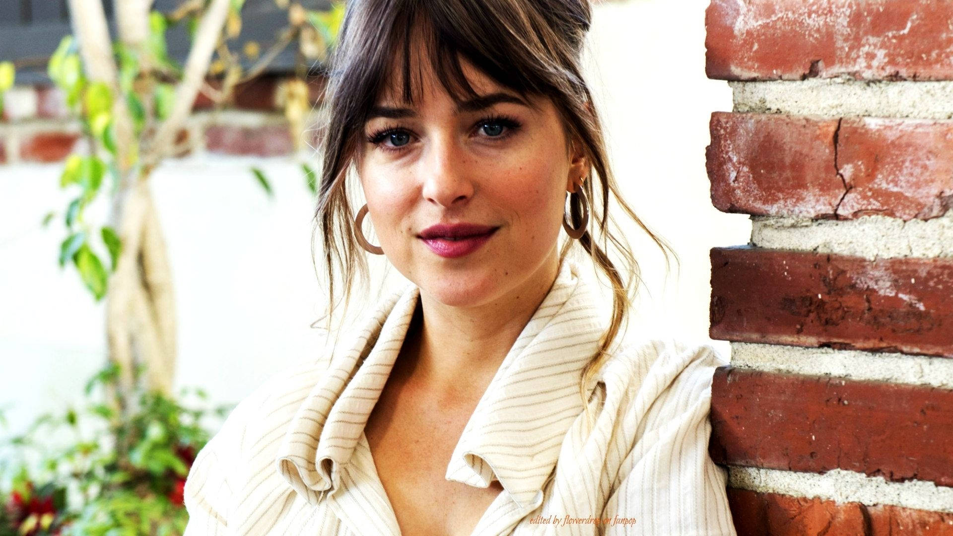 Dakota Johnson, red brick wall, cream striped jacket, Full HD Desktop Wallpaper