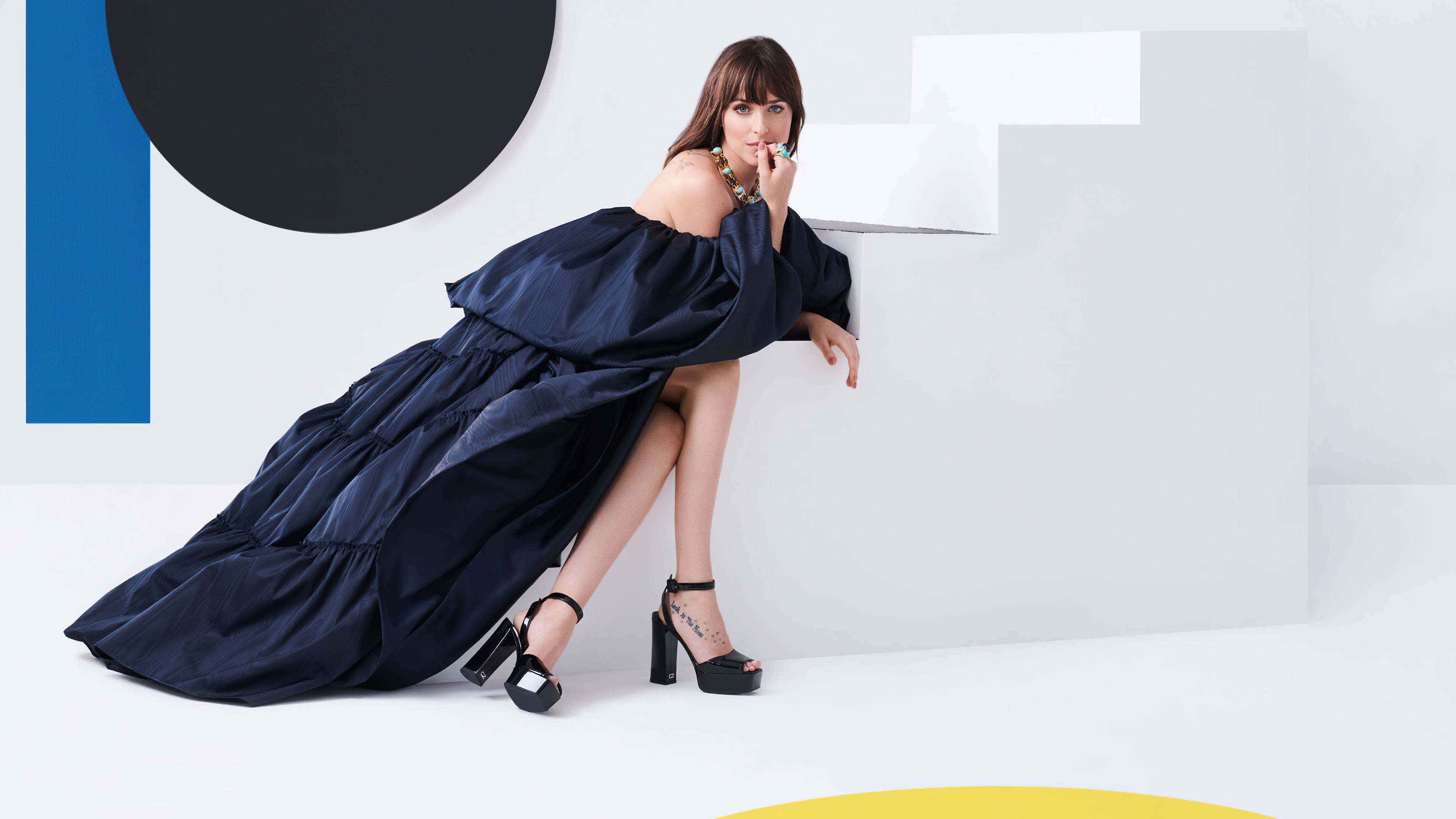 Dakota Johnson, off-shoulder dress, navy blue voluminous gown, 4K Desktop Wallpaper