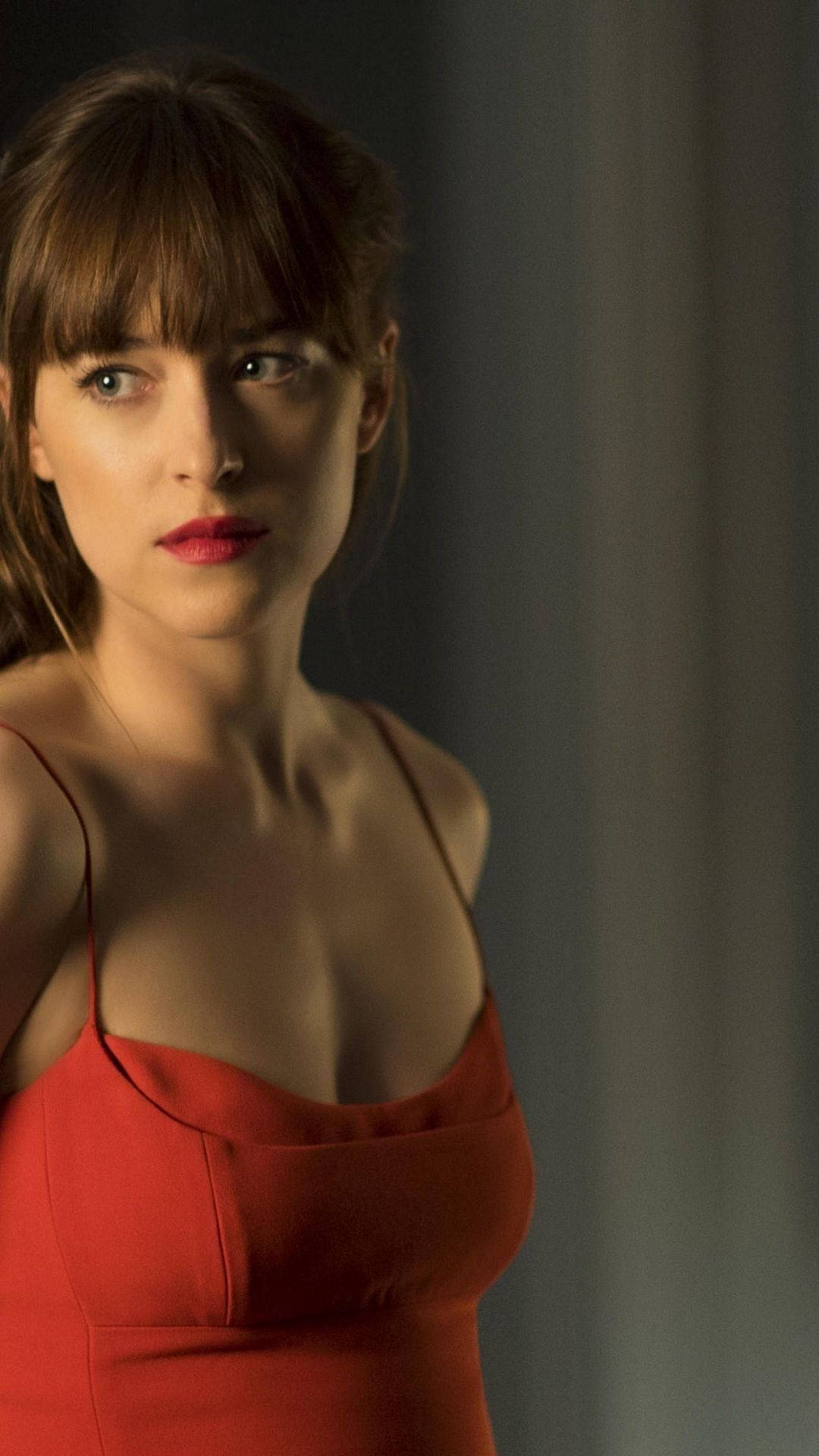 Dakota Johnson, red dress, bold red lips, Full HD Phone Wallpaper