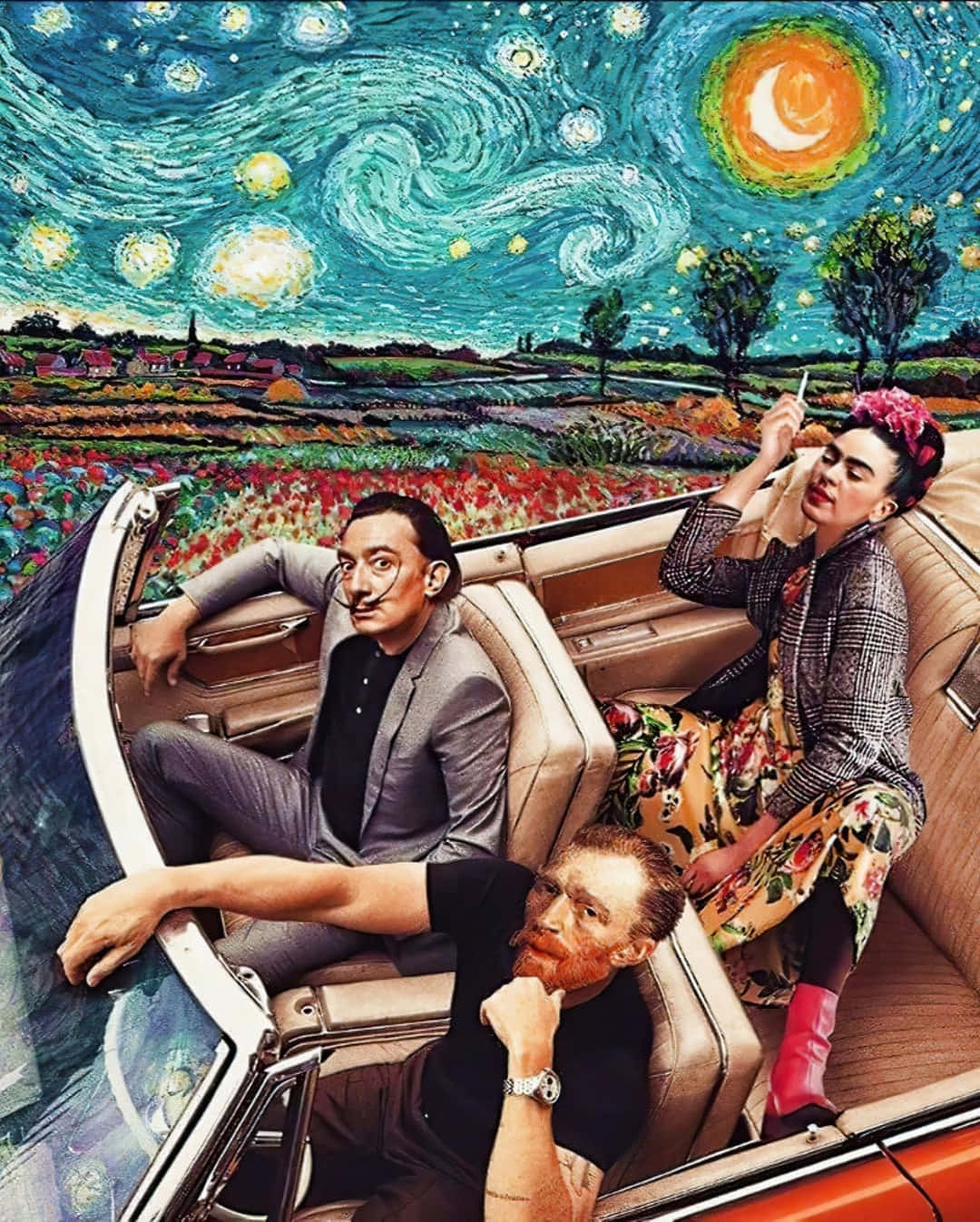 Dali, three people, vintage car, HD Phone Wallpaper
