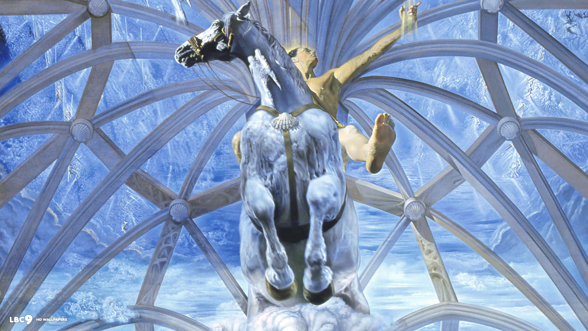 Dali, golden-winged figure, majestic white horse, Full HD Desktop Wallpaper