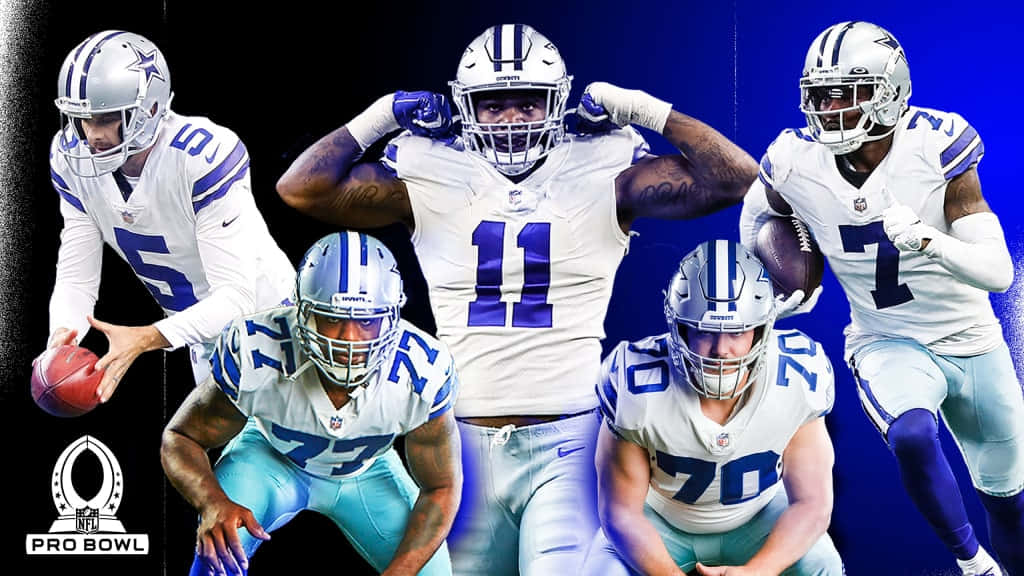 Dallas Cowboys Players, white jerseys, blue and black gradient background, SD Desktop Wallpaper