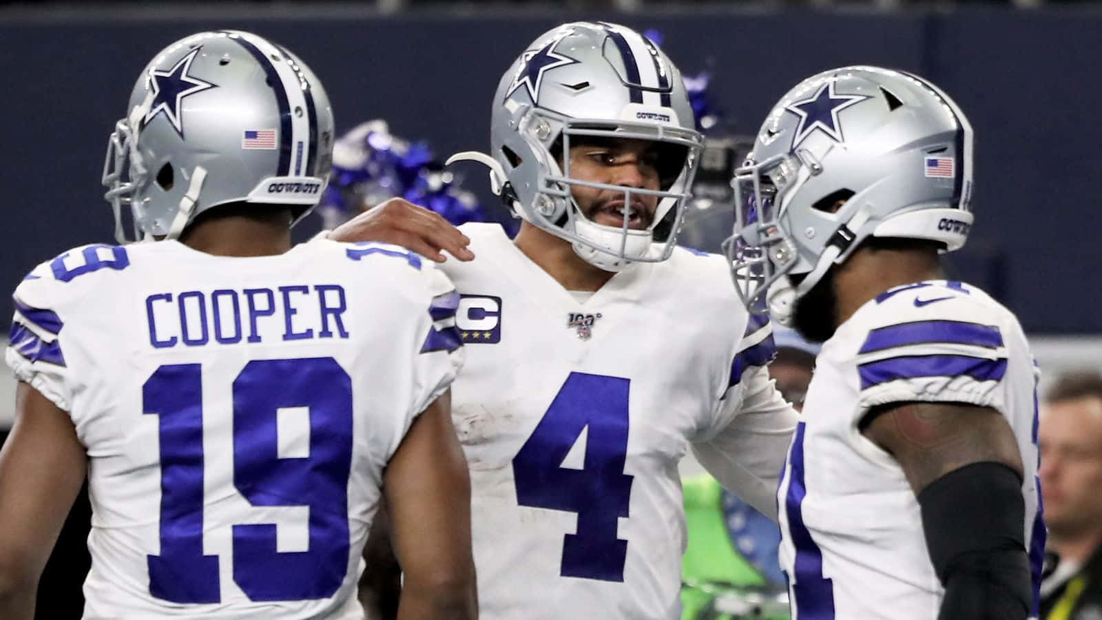Dallas Cowboys, white and blue uniforms, huddle together, HD Desktop Wallpaper