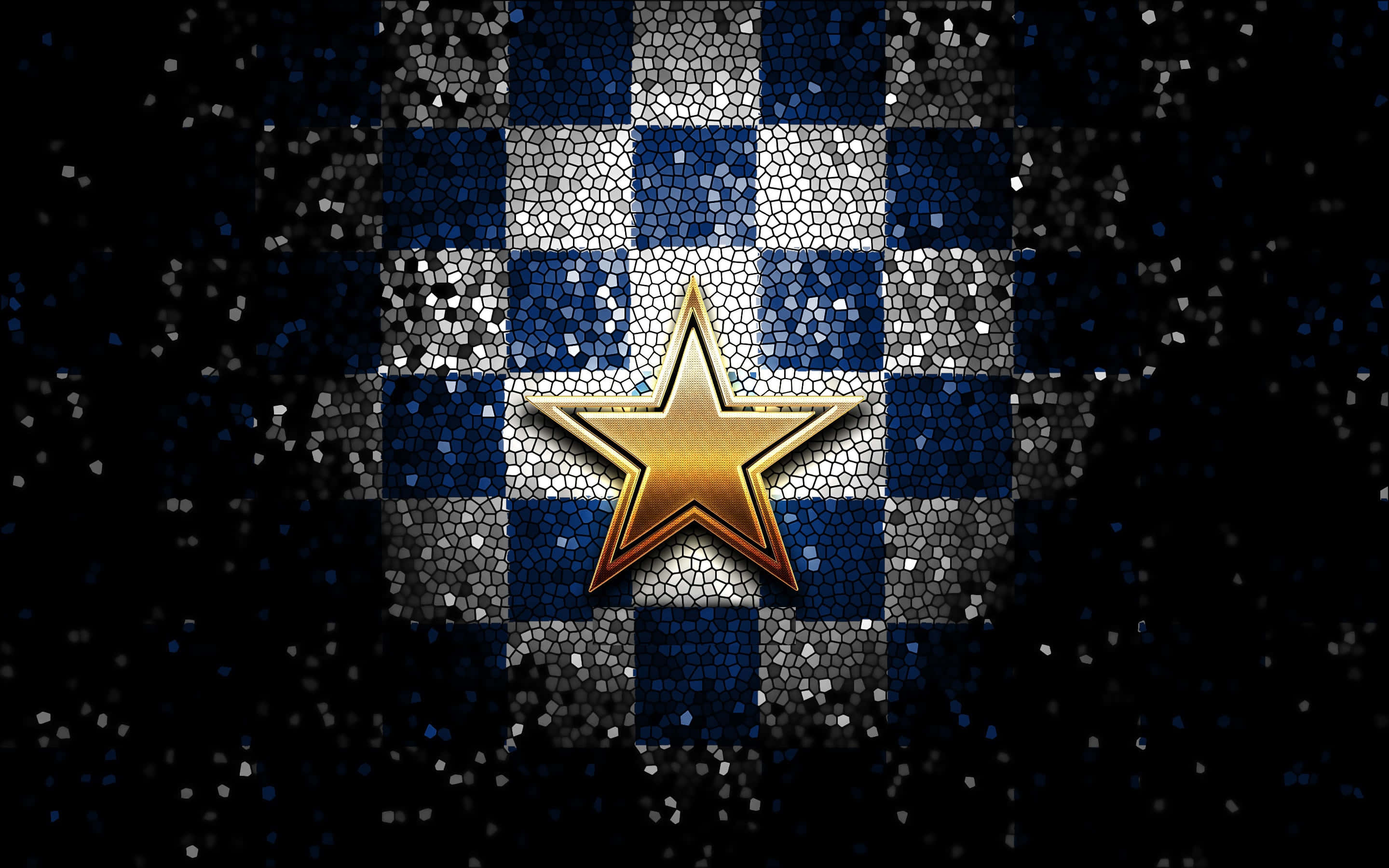 Dallas Cowboys Star, golden star, blue white checkered mosaic, 2K Desktop Wallpaper
