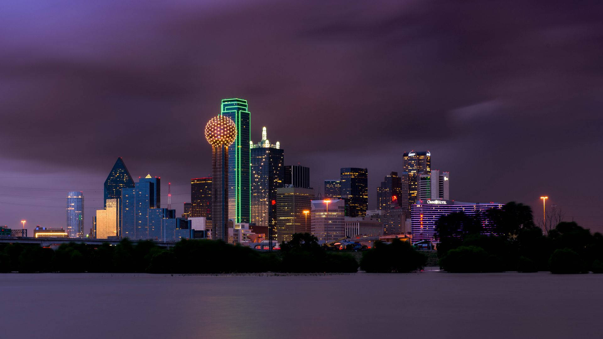 Dallas Skyline, dark clouds, dusk, Full HD Desktop Wallpaper