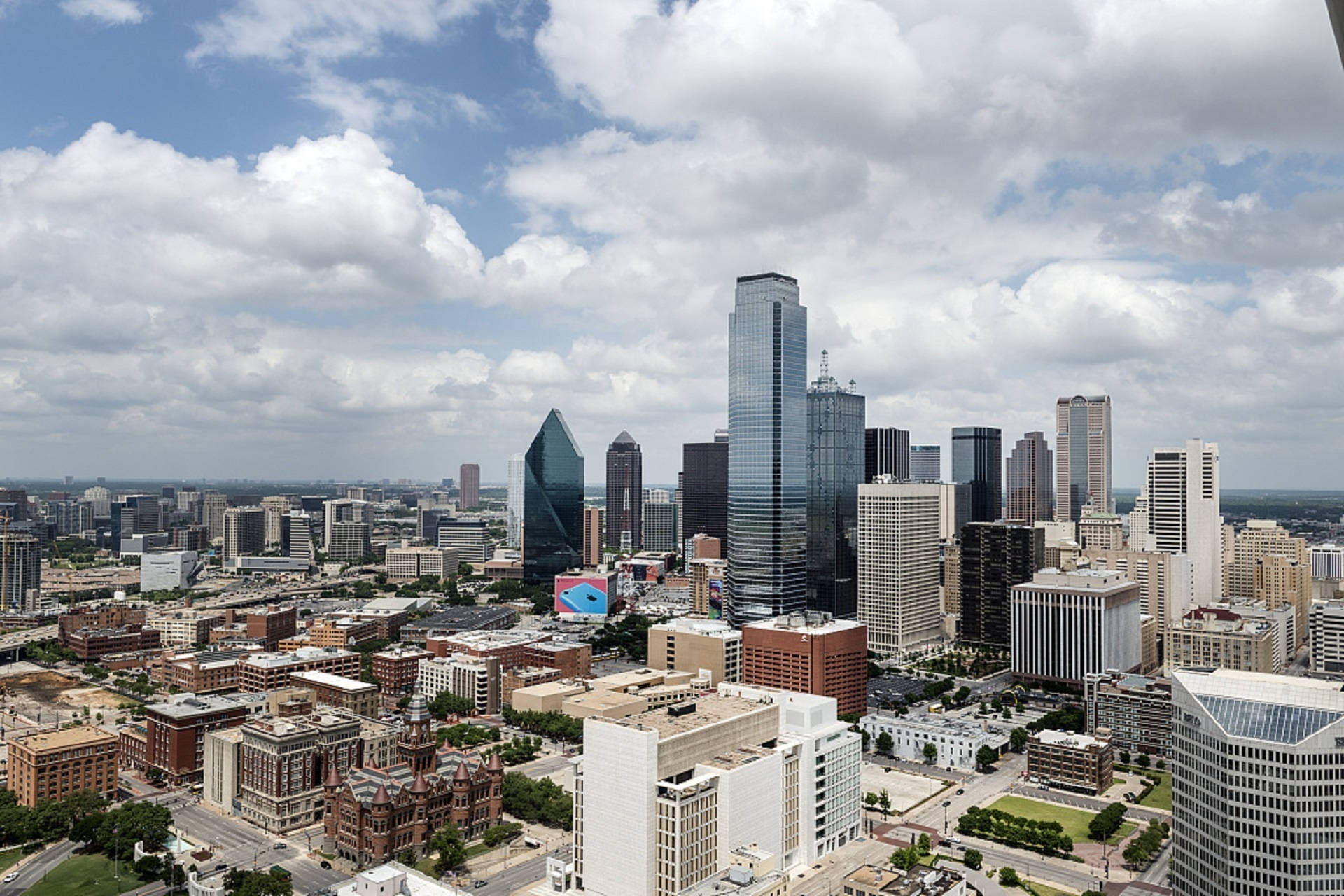 Dallas Skyline, thick sky clouds, aerial view, Full HD Desktop Wallpaper