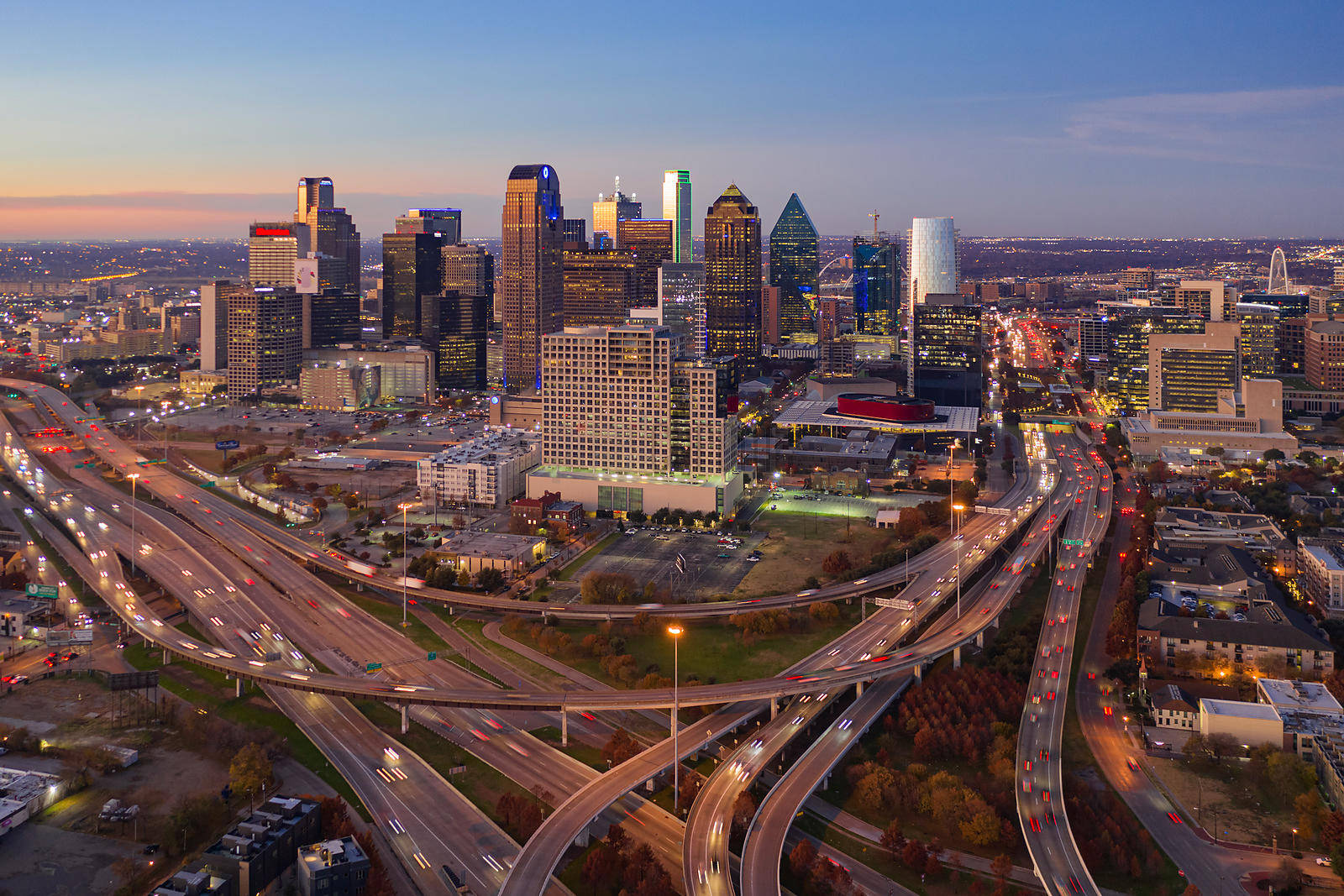 Dallas Skyline, aerial view, dusk, HD Desktop Wallpaper