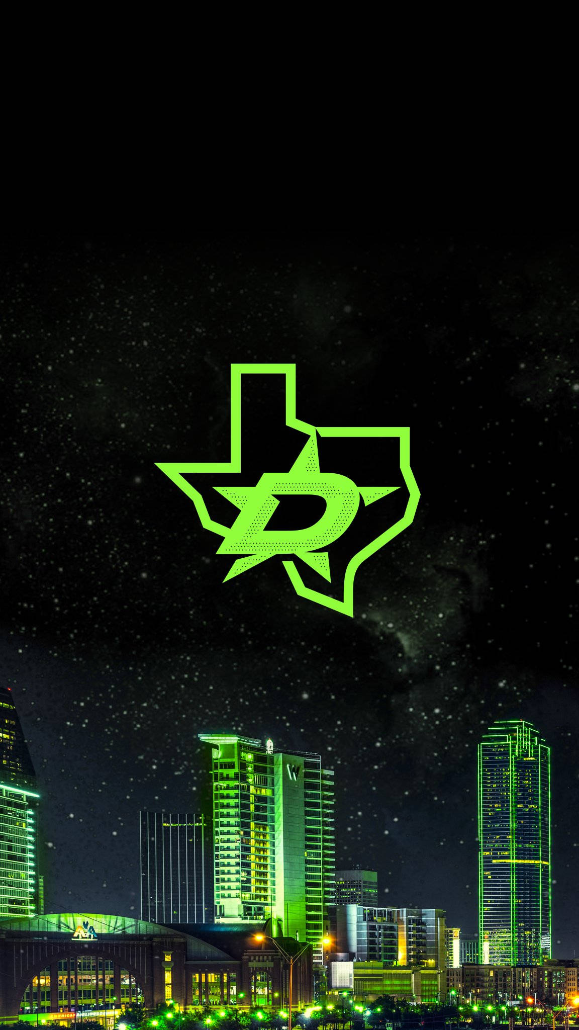 Dallas Skyline, Dallas Stars logo, neon-lit, Full HD Phone Wallpaper