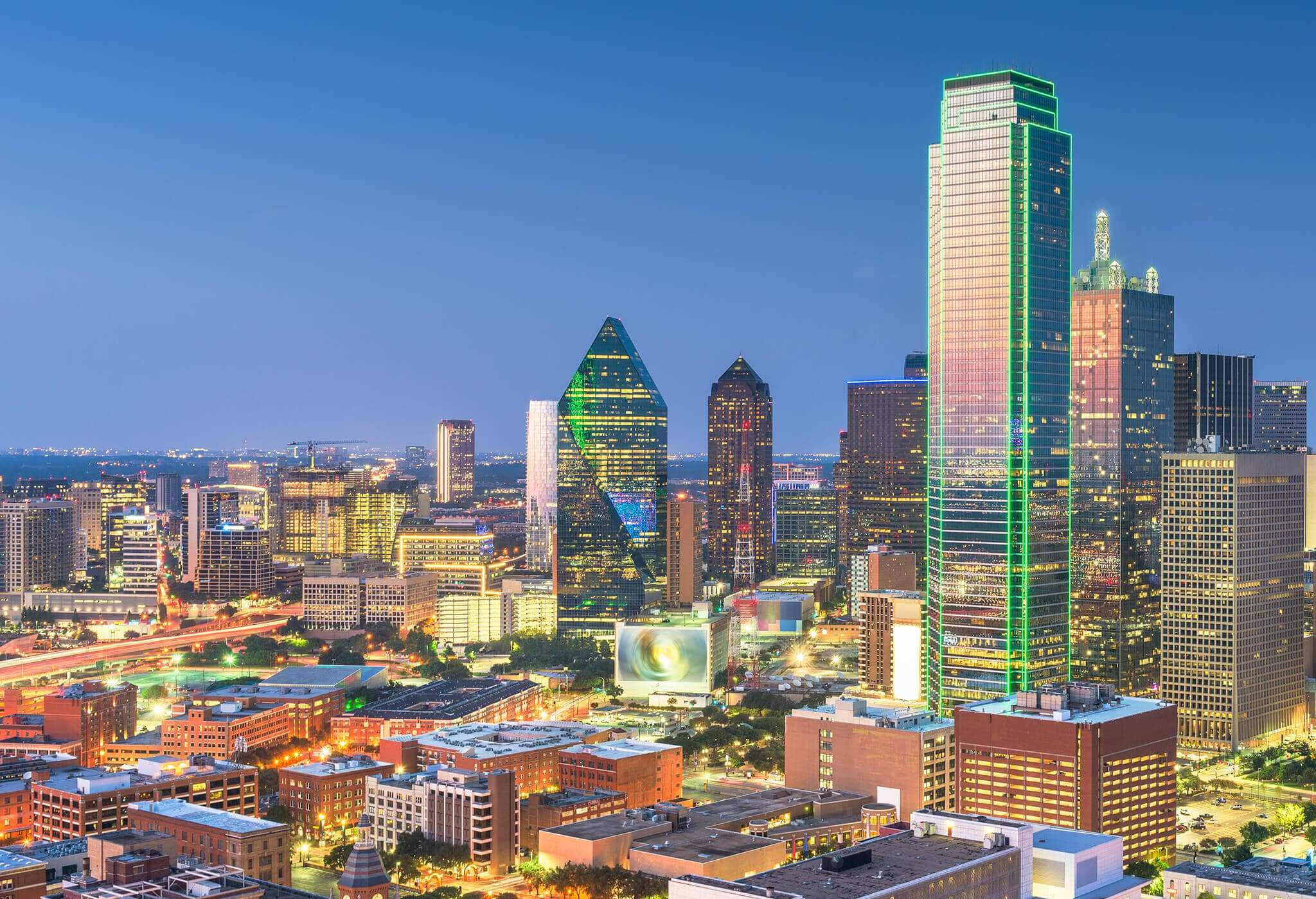 Dallas Skyline, colorful lights, dusk, Full HD Desktop Wallpaper