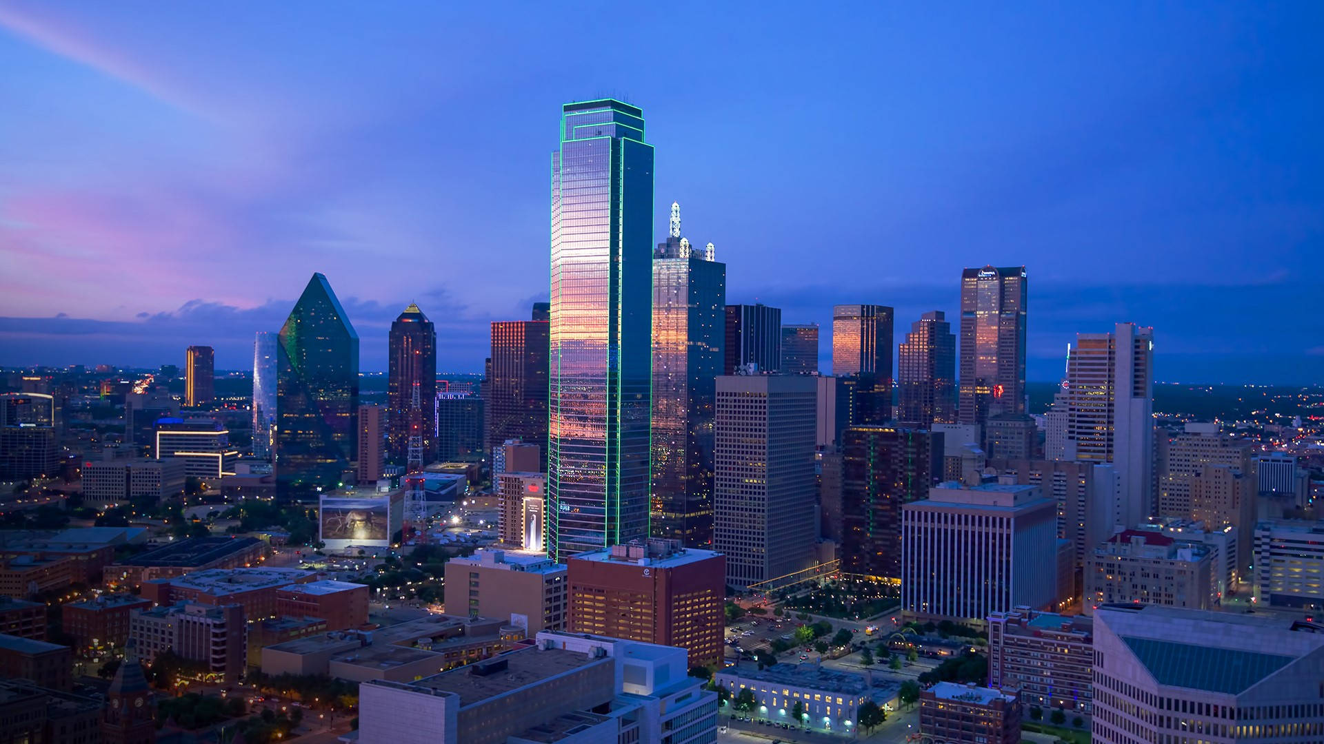 Dallas Skyline, skyscrapers, purple, Full HD Desktop Wallpaper