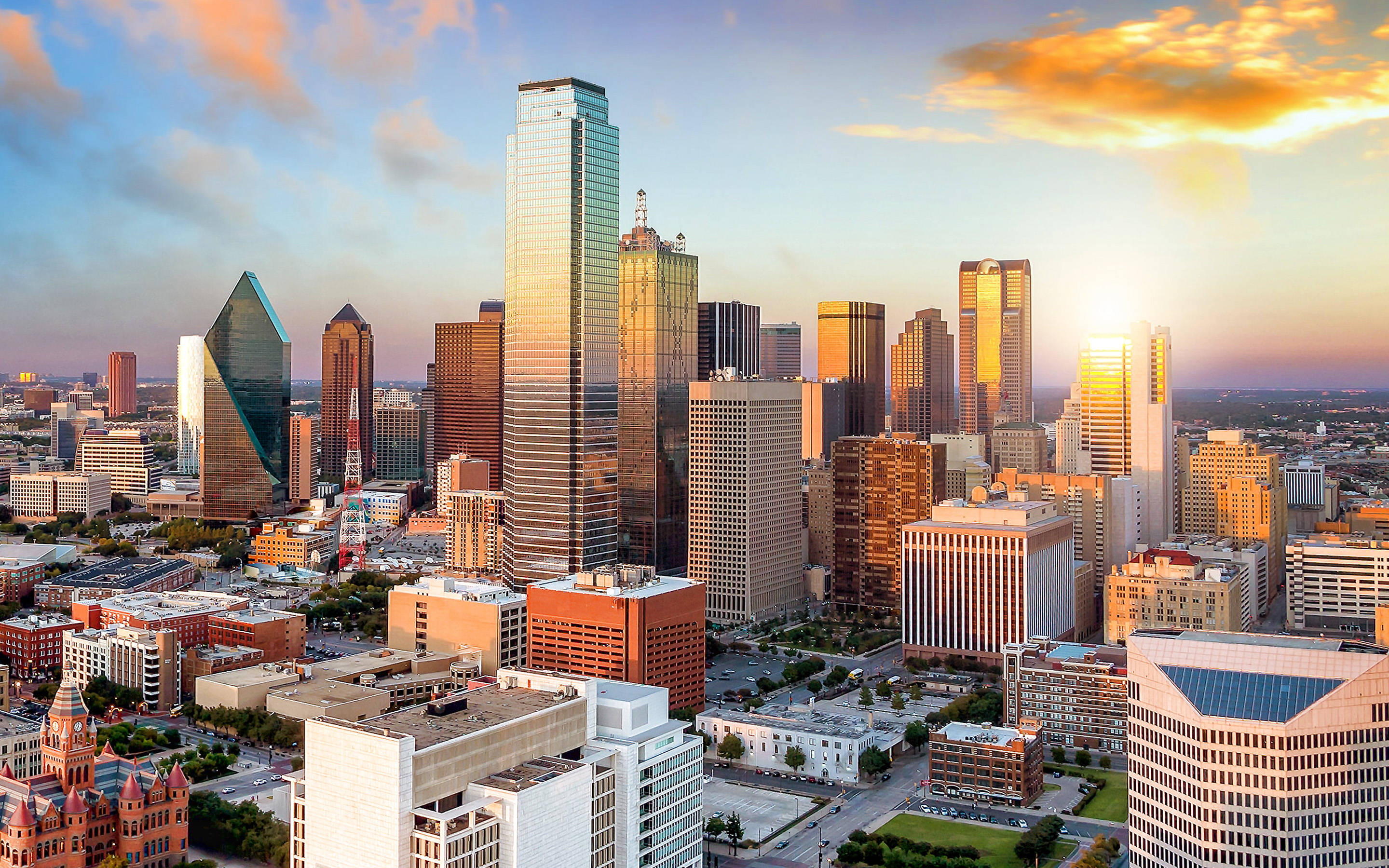 Dallas Skyline, twilight, sunset, 2K Desktop Wallpaper