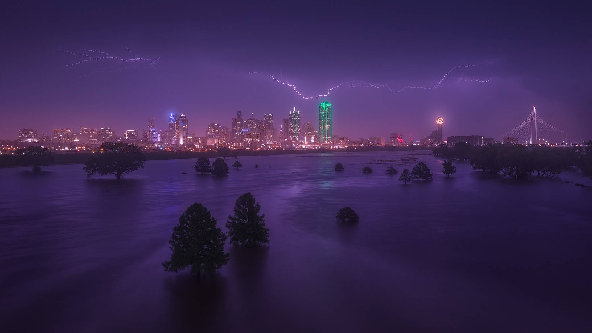 Dallas Skyline, lightning bolts, purple storm, Full HD Desktop Wallpaper
