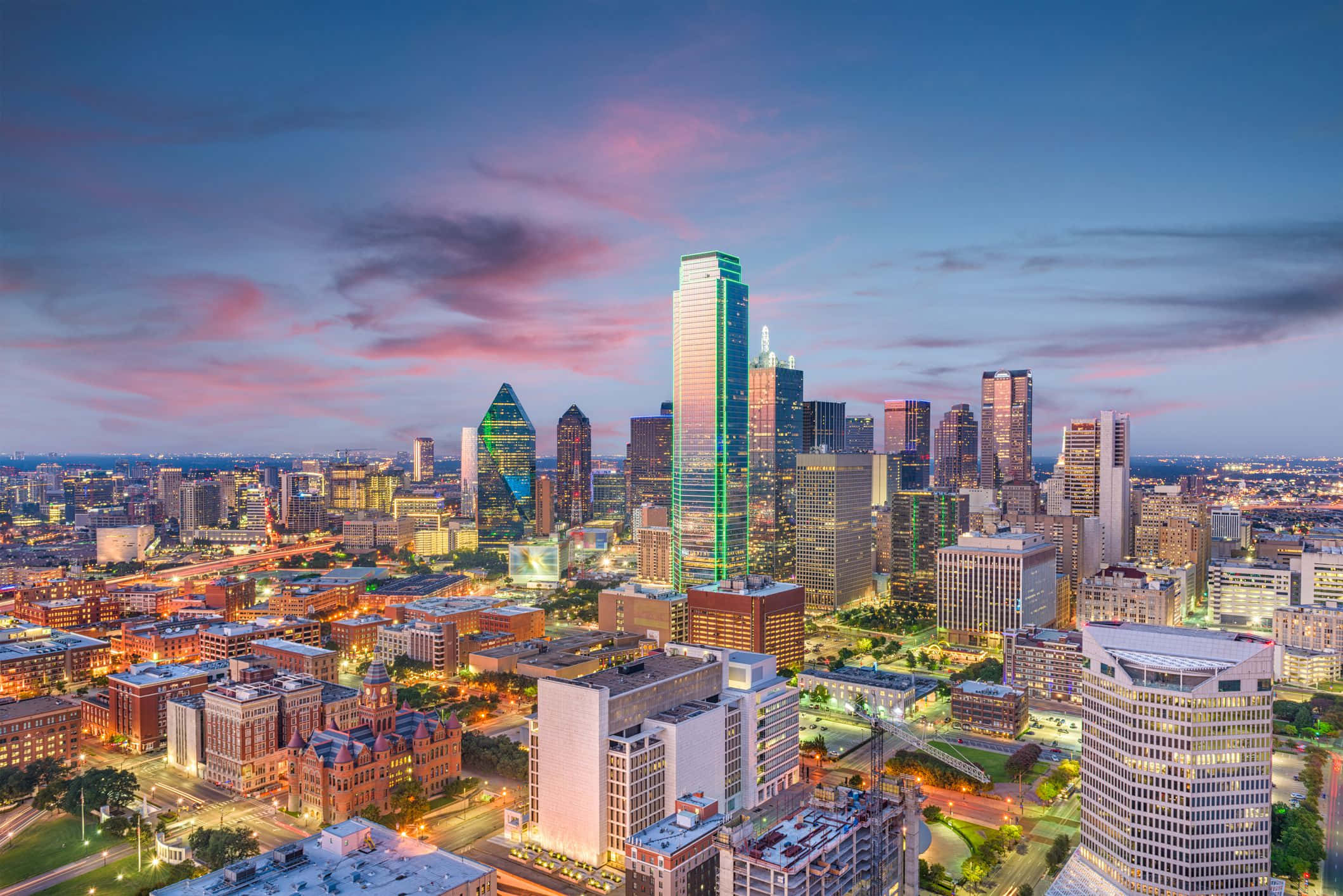 Dallas Cityscape, sunset, pink and blue clouds, Full HD Desktop Wallpaper