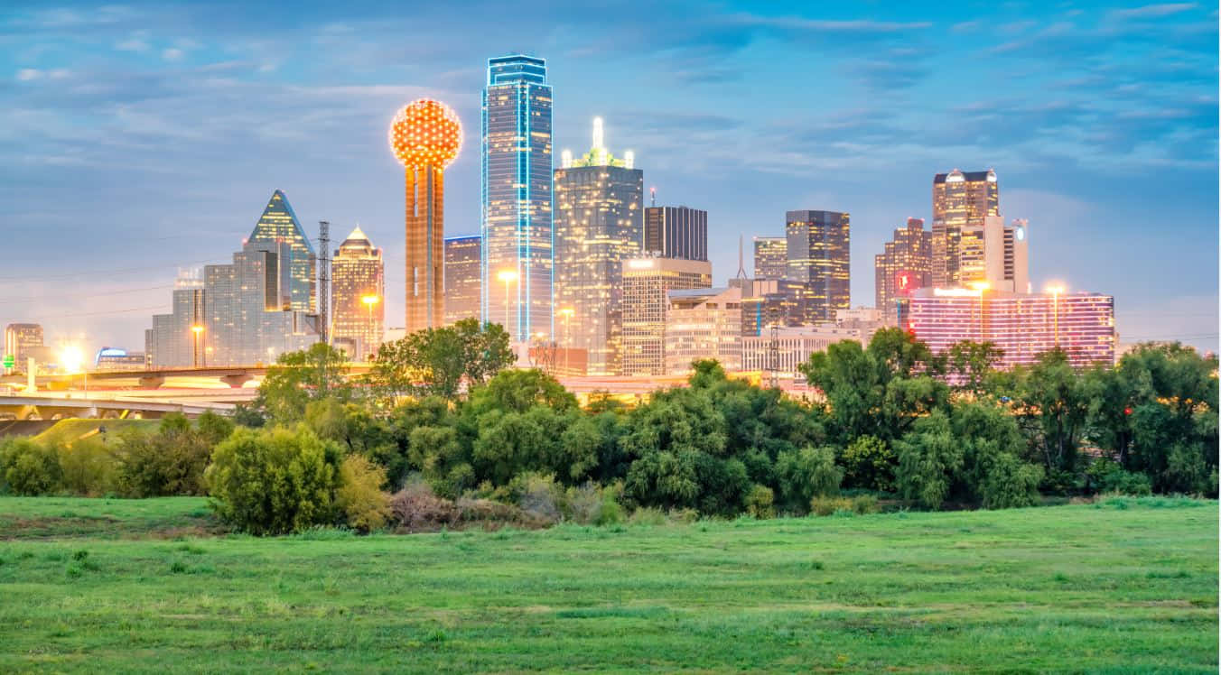 Dallas Skyline, dusk, glowing skyscrapers, HD Desktop Wallpaper