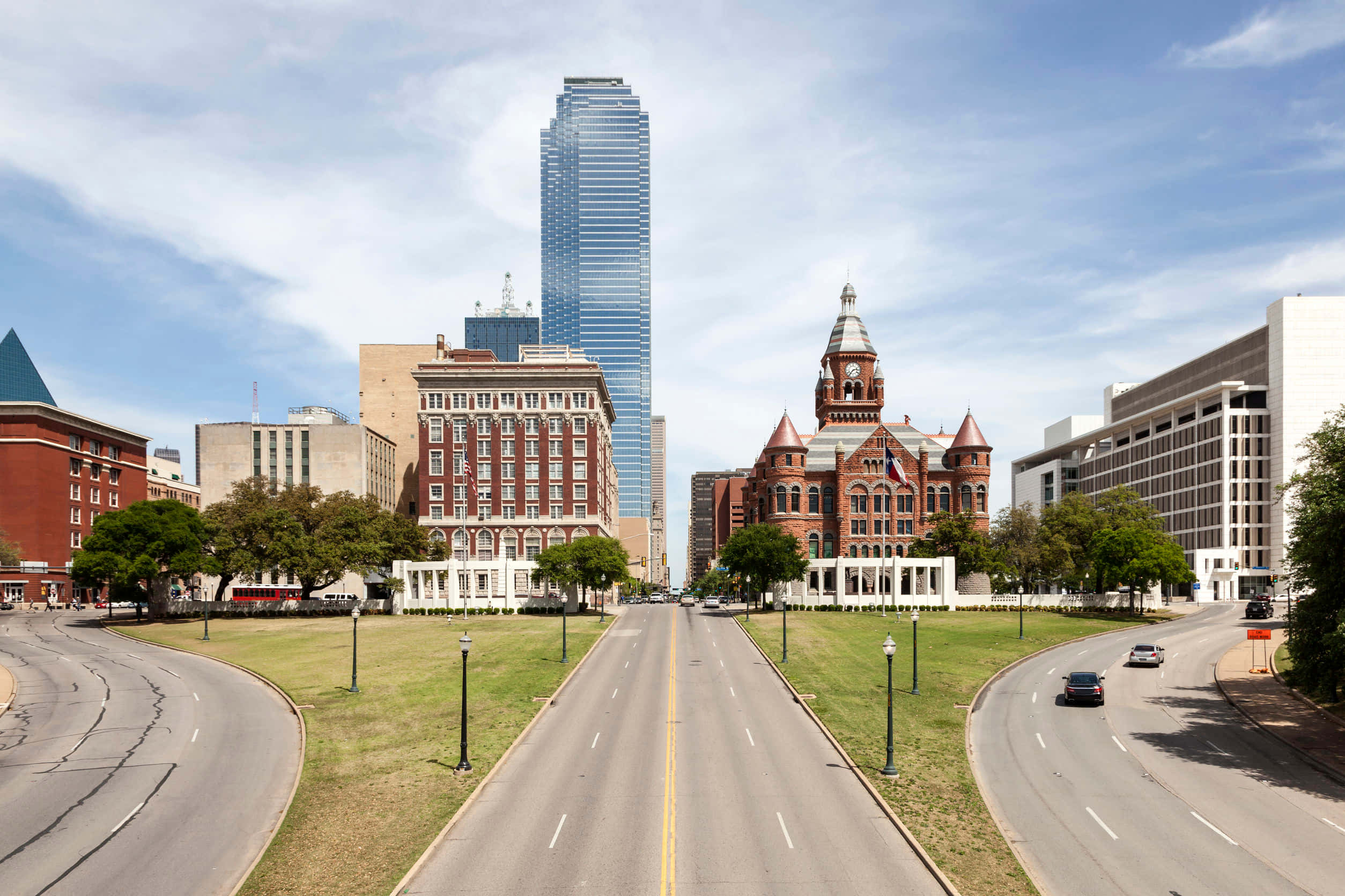 Dallas skyline, dusk, historic red brick courthouse, Full HD Desktop Wallpaper
