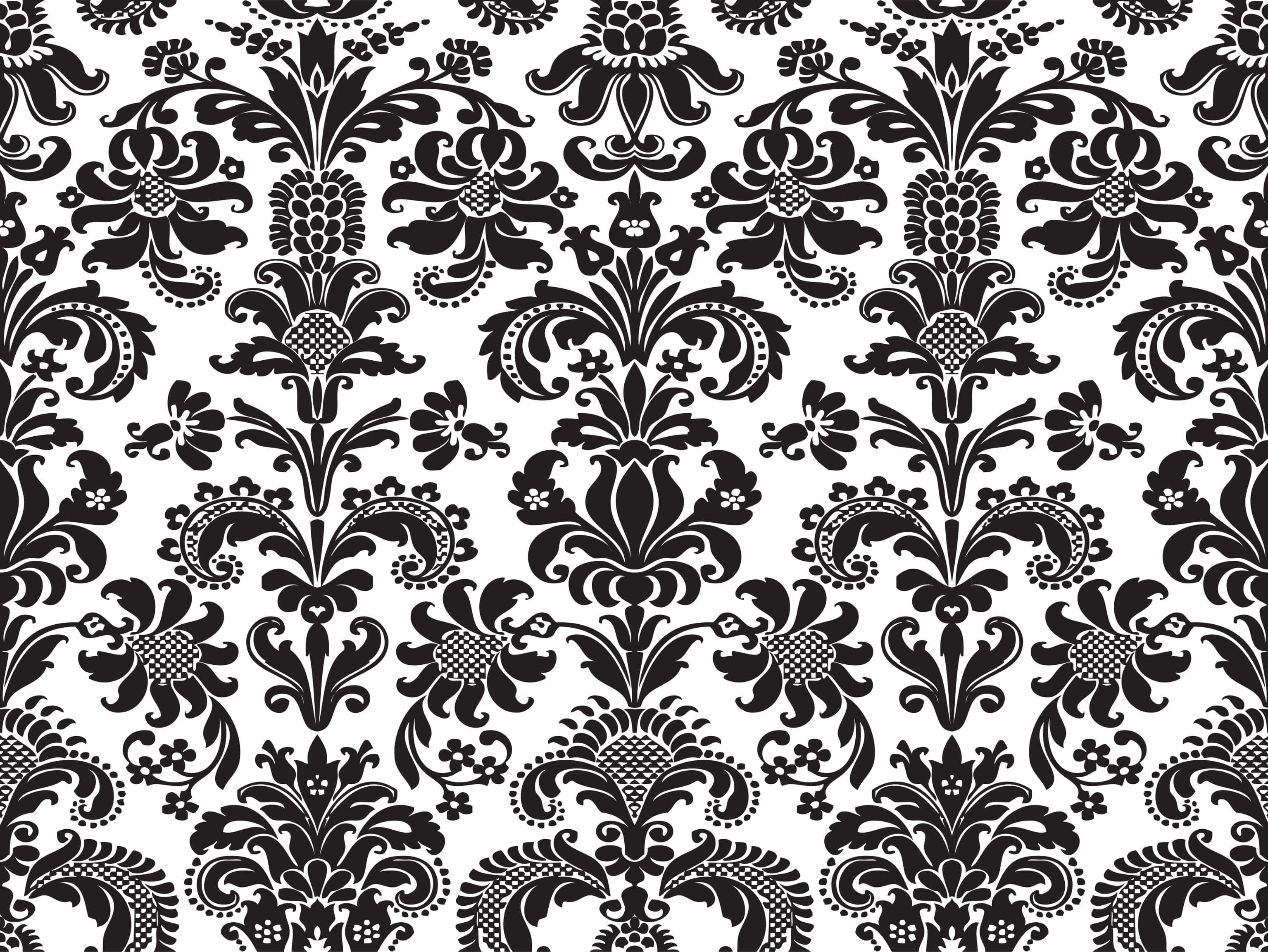 black damask floral pattern, crisp white background, classic ornamental design, 2K Desktop Wallpaper