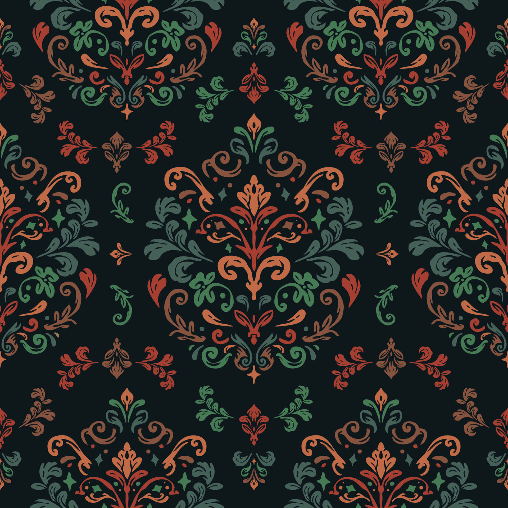 elegant damask pattern design, swirling red and green foliage, dark background, Full HD Desktop Wallpaper