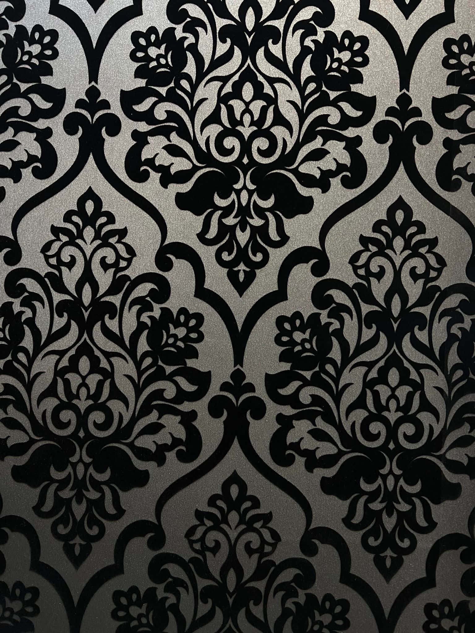 elegant black damask pattern, textured silver wallpaper, intricate floral motifs, Full HD Phone Wallpaper
