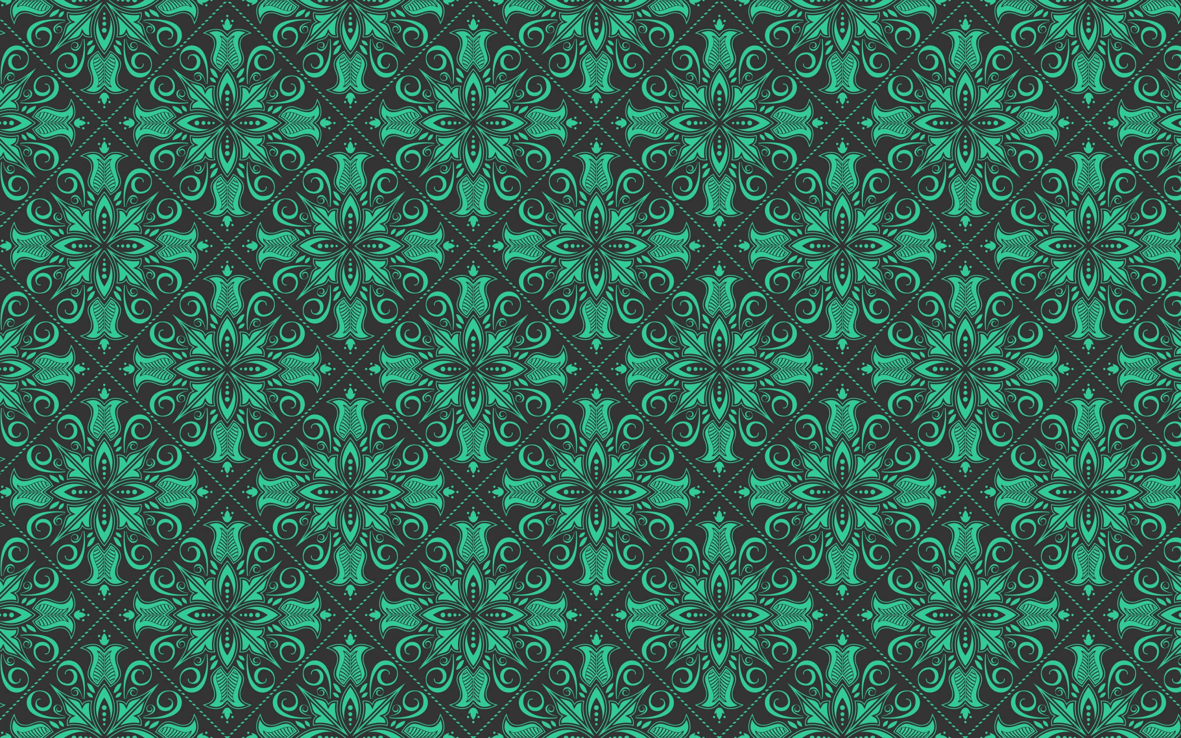 turquoise damask pattern, teal ornate floral patterns, dark textured background, 4K Desktop Wallpaper