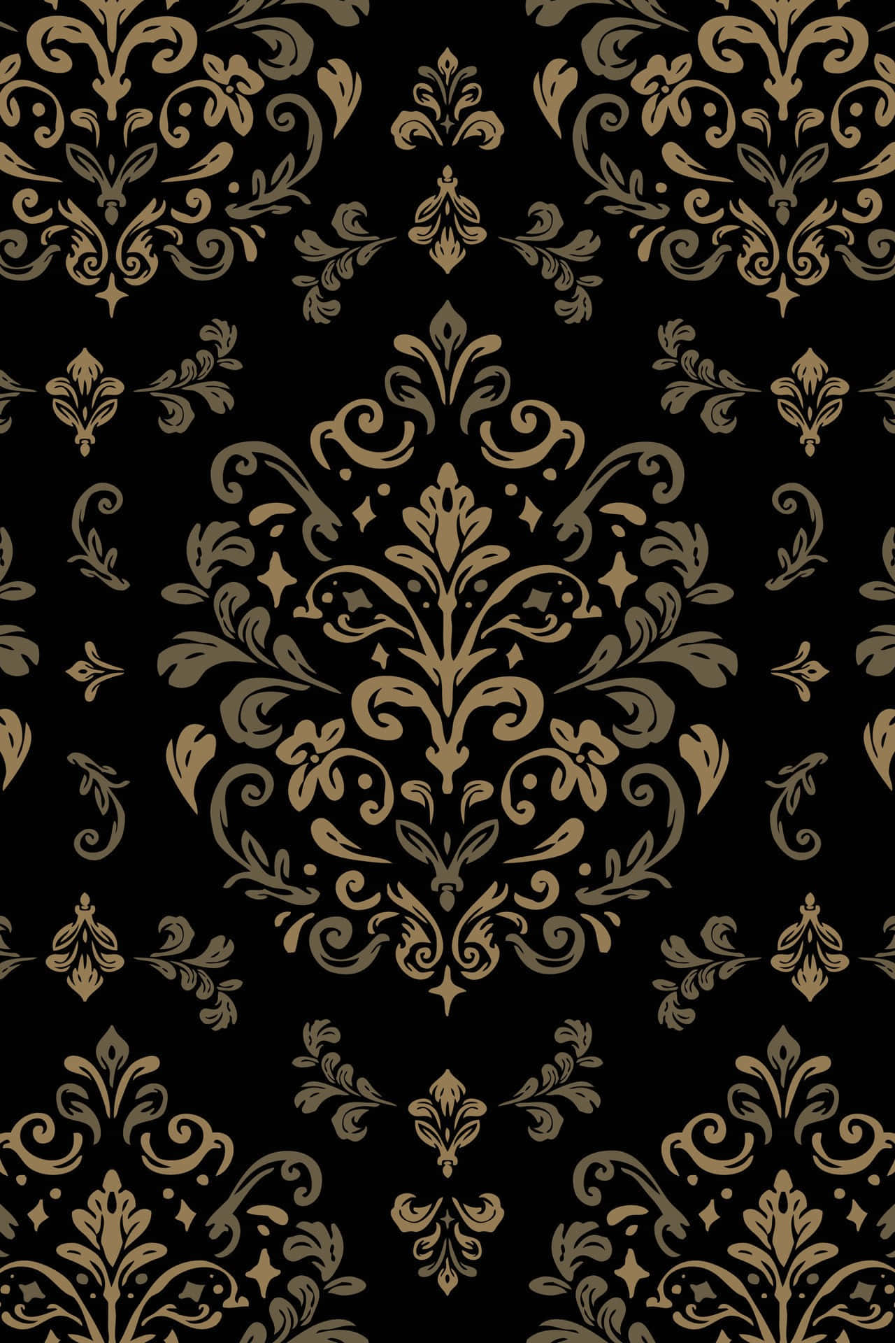elegant golden damask pattern, deep black background, repeating ornamental design, Full HD Phone Wallpaper