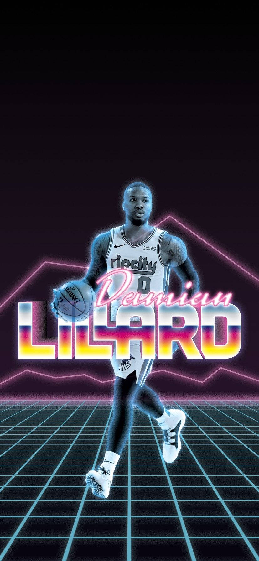 Damian Lillard, neon grid, glowing pink and blue lines, HD Phone Wallpaper