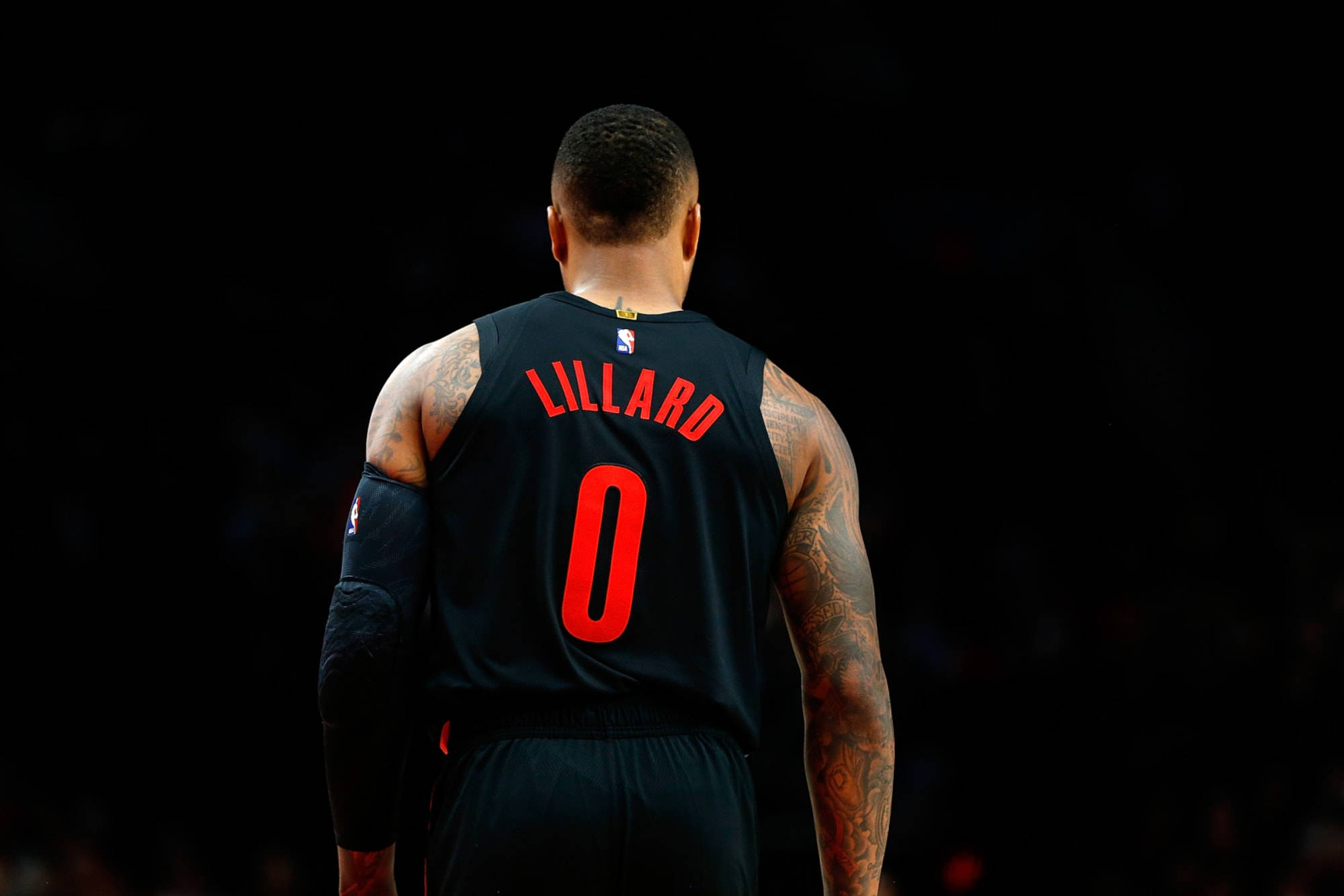 Damian Lillard, black jersey, red number zero, Full HD Desktop Wallpaper
