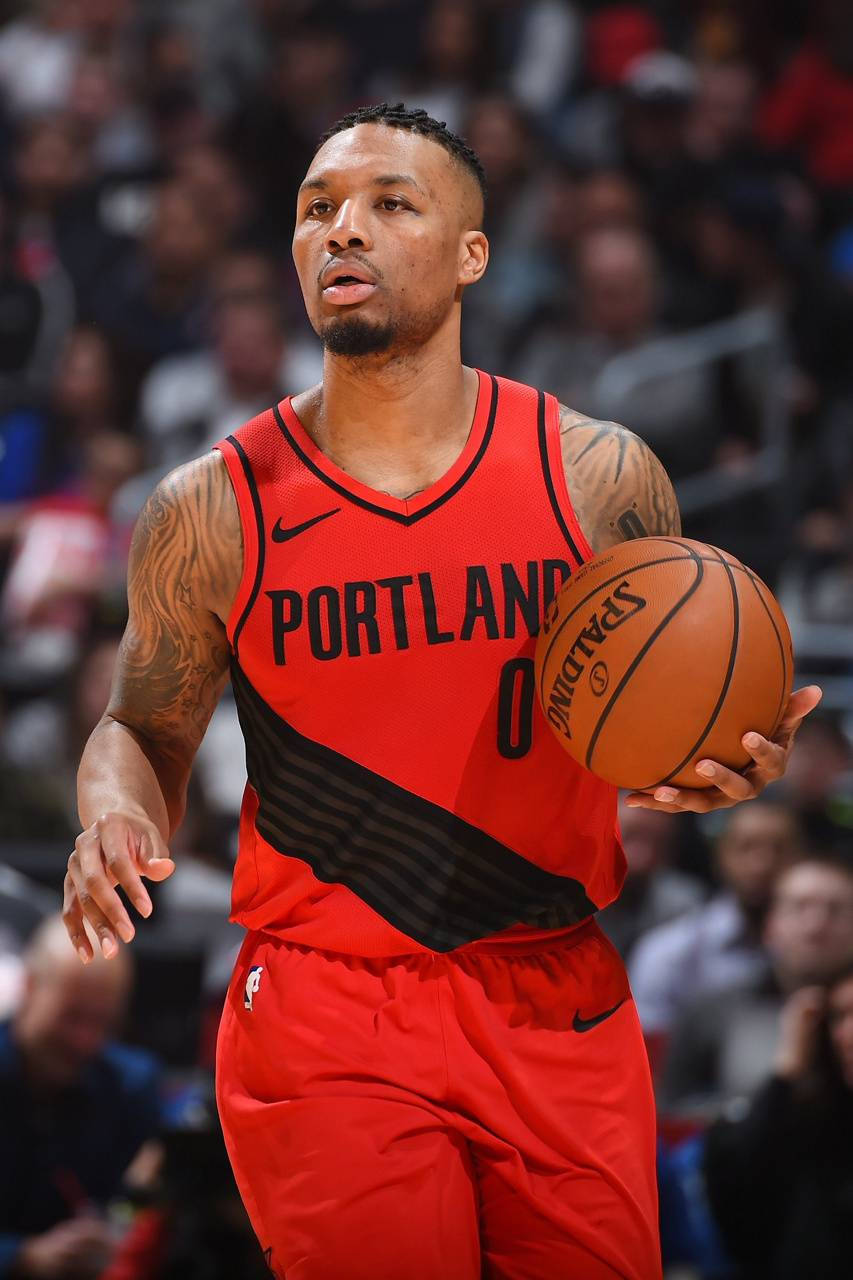 Damian Lillard, red Portland jersey, dribbles the ball, HD Phone Wallpaper