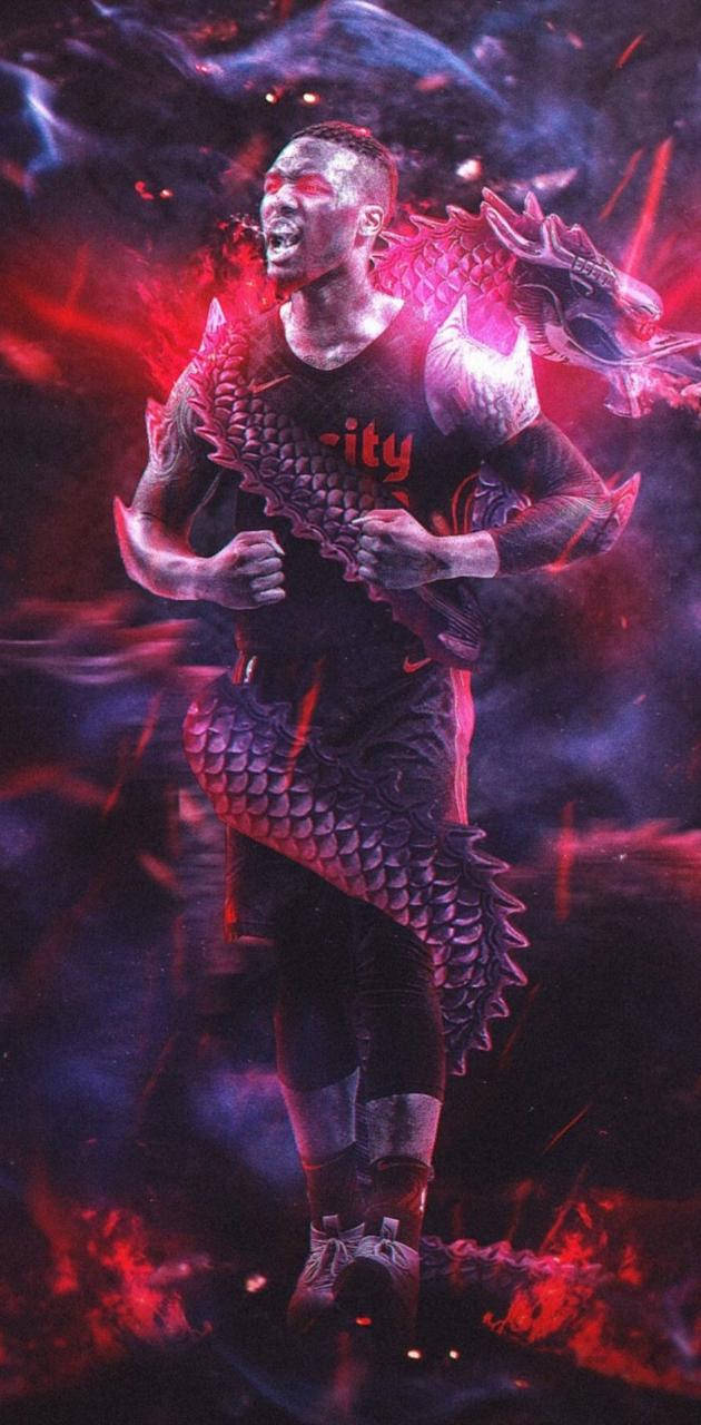 Damian Lillard, dragon, fiery cosmic background, HD Phone Wallpaper