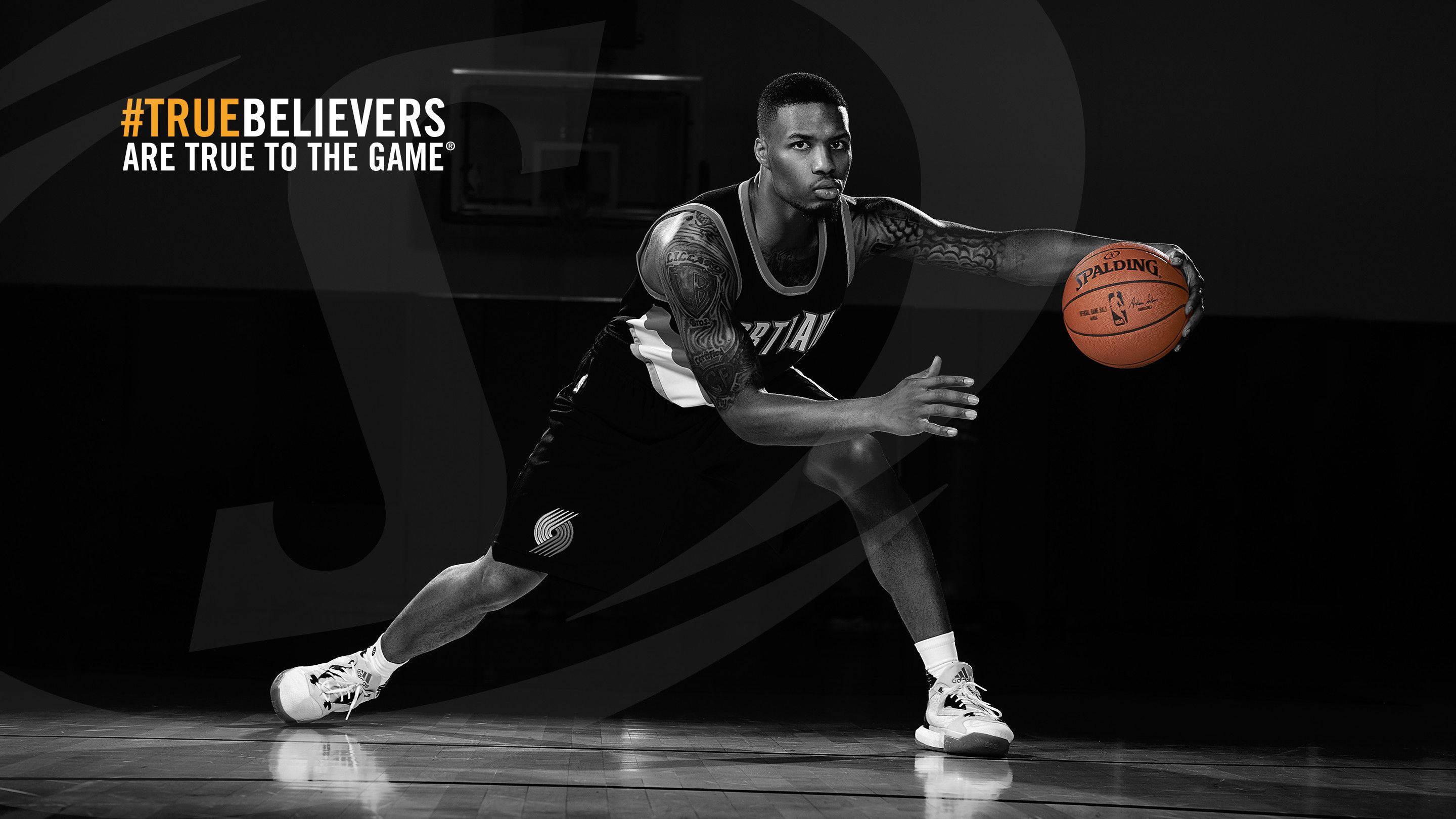 Damian Lillard, black and white, orange ball, 2K Desktop Wallpaper
