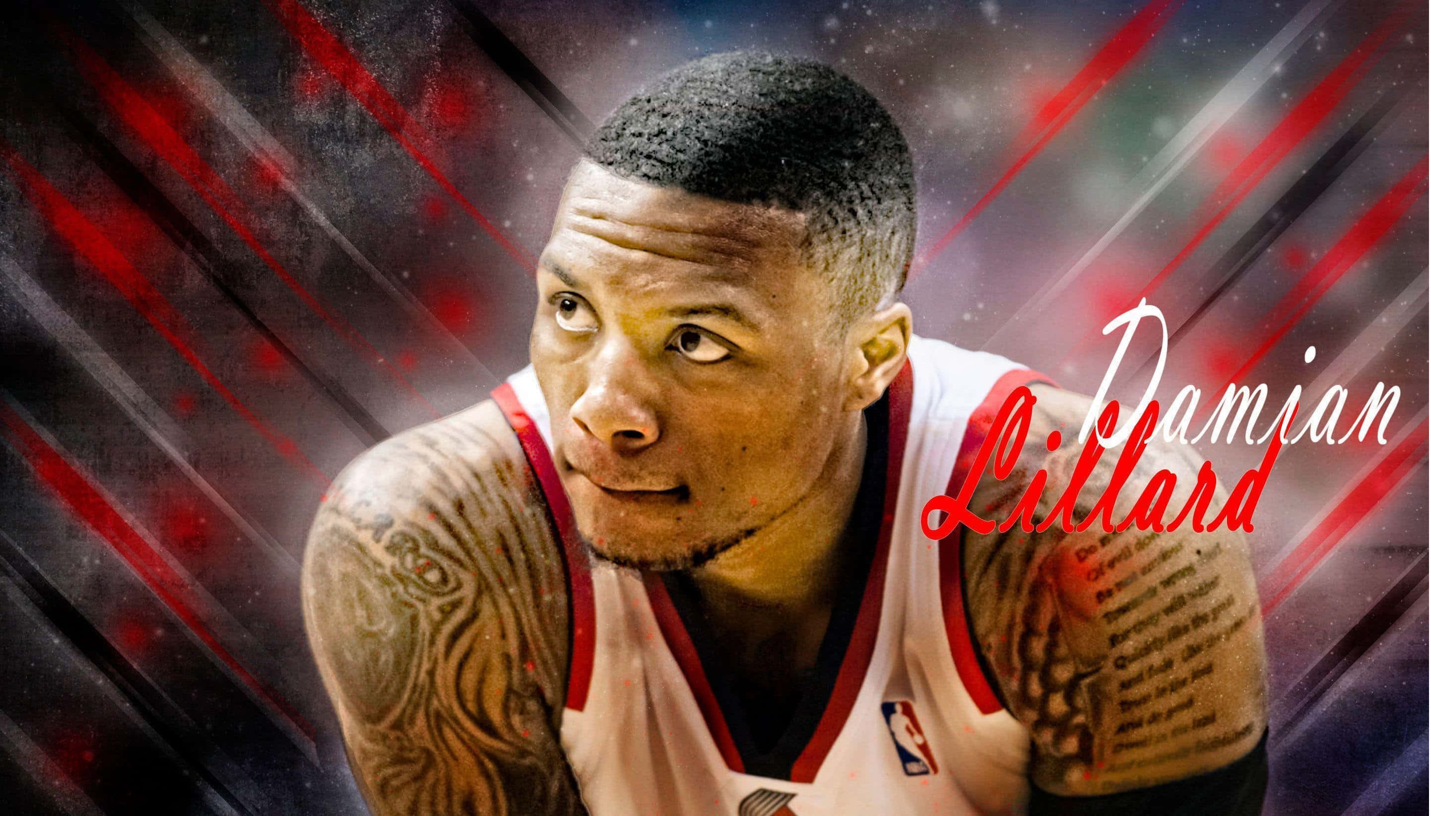 Damian Lillard, white and red basketball jersey, tattoos, 2K Desktop Wallpaper