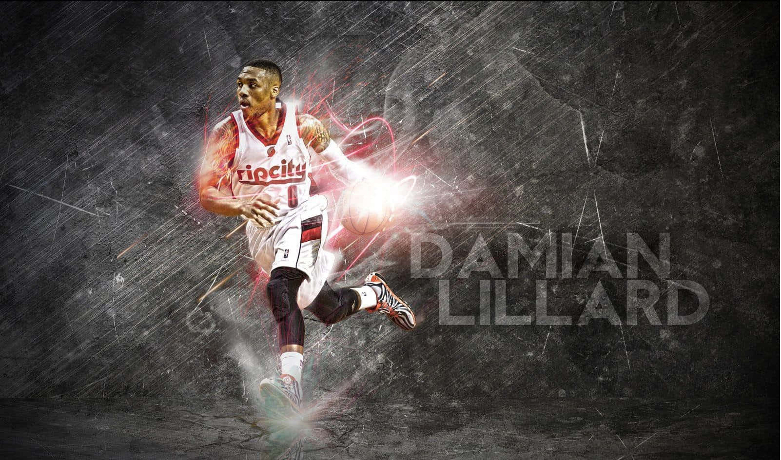Damian Lillard, white ripcity jersey, glowing red energy effects, HD Desktop Wallpaper