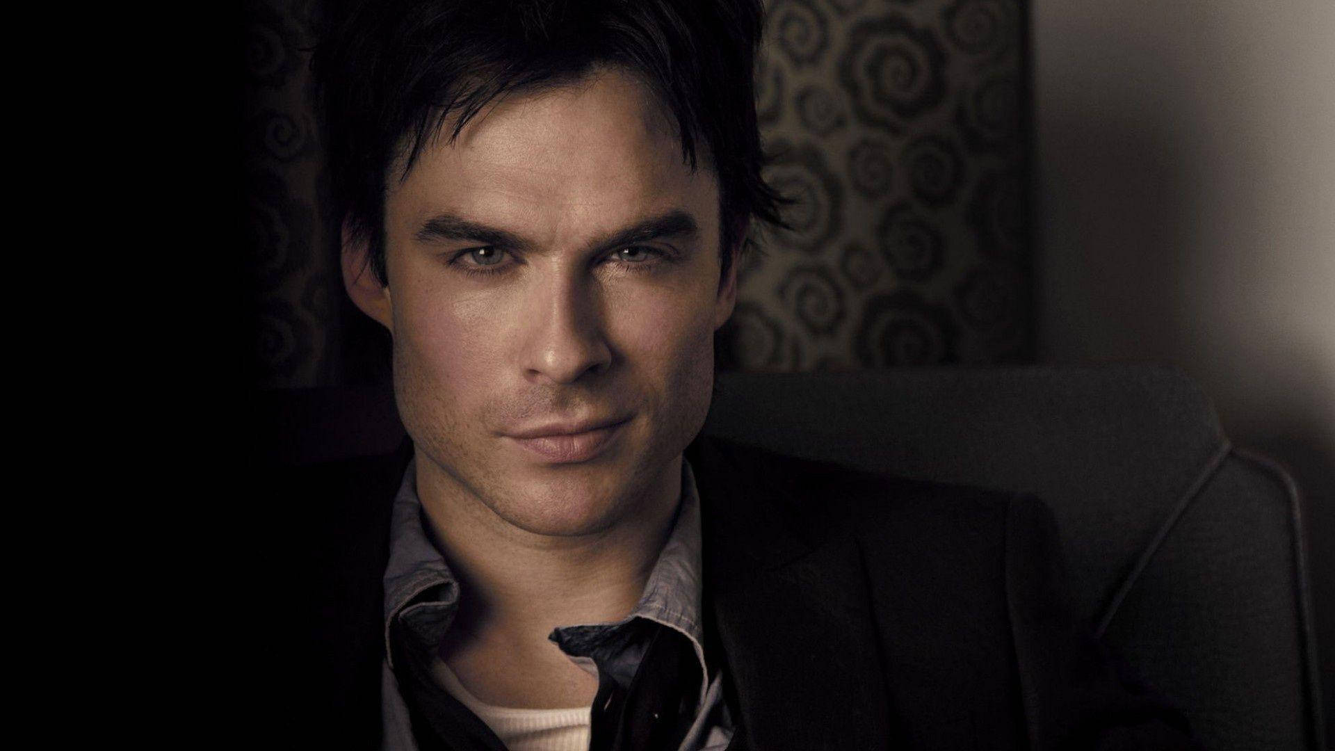 Damon Salvatore, dark suit, dimly lit room, Full HD Desktop Wallpaper