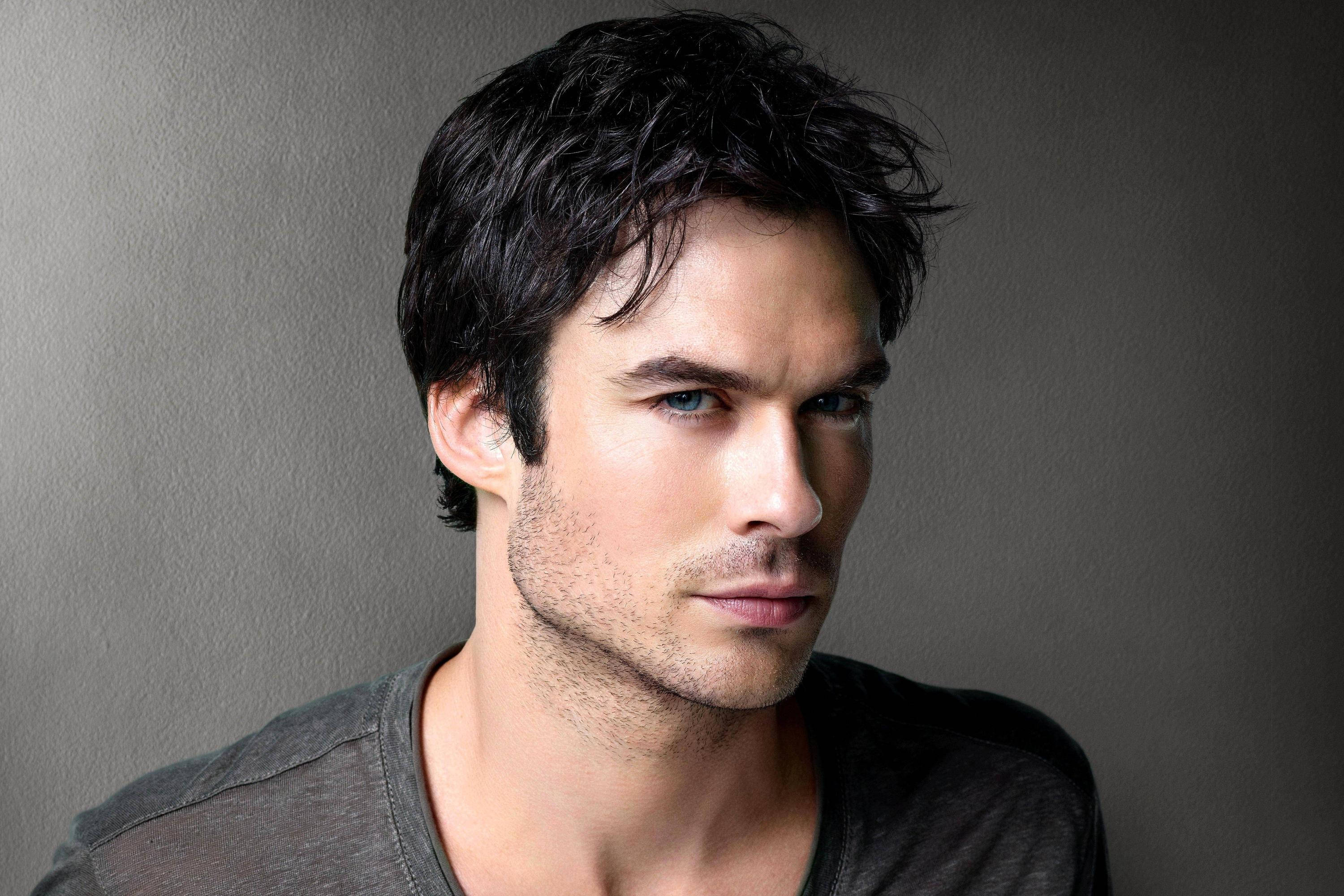 Damon Salvatore, dark tousled hair, piercing blue eyes, 2K Desktop Wallpaper