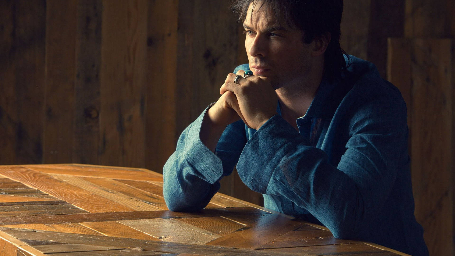 Damon Salvatore, denim shirt, blue shirt, Full HD Desktop Wallpaper