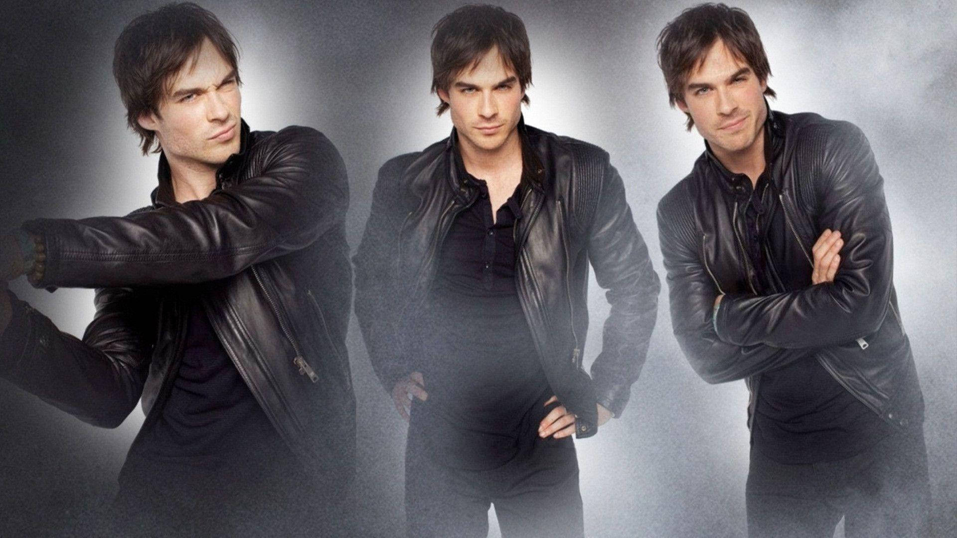 Damon Salvatore, black leather jacket, smoky gray backdrop, Full HD Desktop Wallpaper