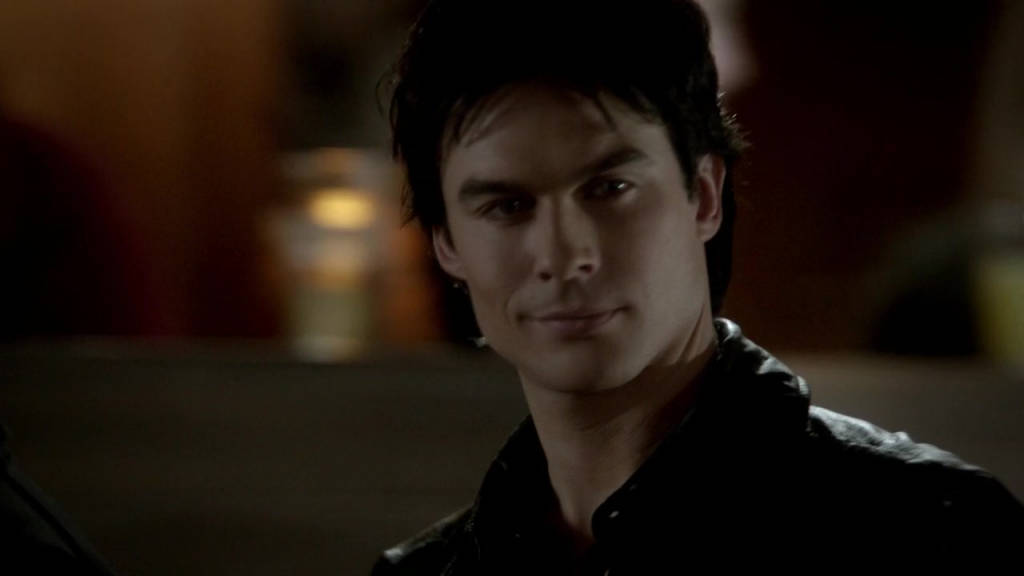 Damon Salvatore, black leather jacket, dimly lit room, SD Desktop Wallpaper