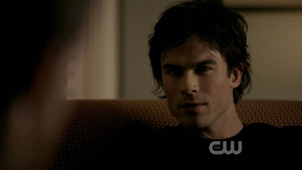 Damon Salvatore, dark tousled hair, textured brown couch, SD Desktop Wallpaper